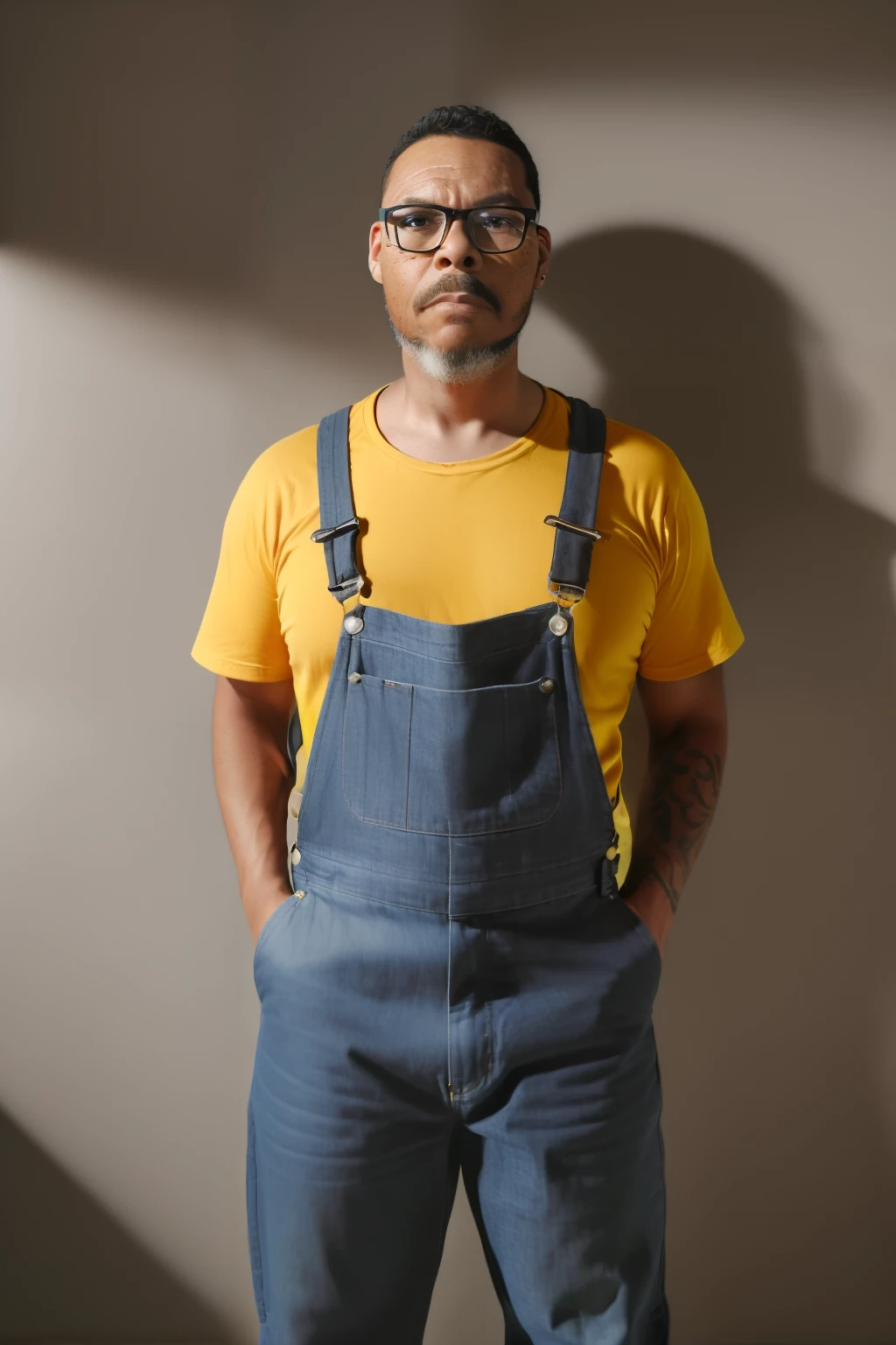 guttonerdvision10, retrato de meio corpo de um (garoto de 2 anos de idade:1.5) usando oculos. Ele veste um overalls jeans. (Rosto detalhado:1.3). Sepia, uhd, octane render, 8k