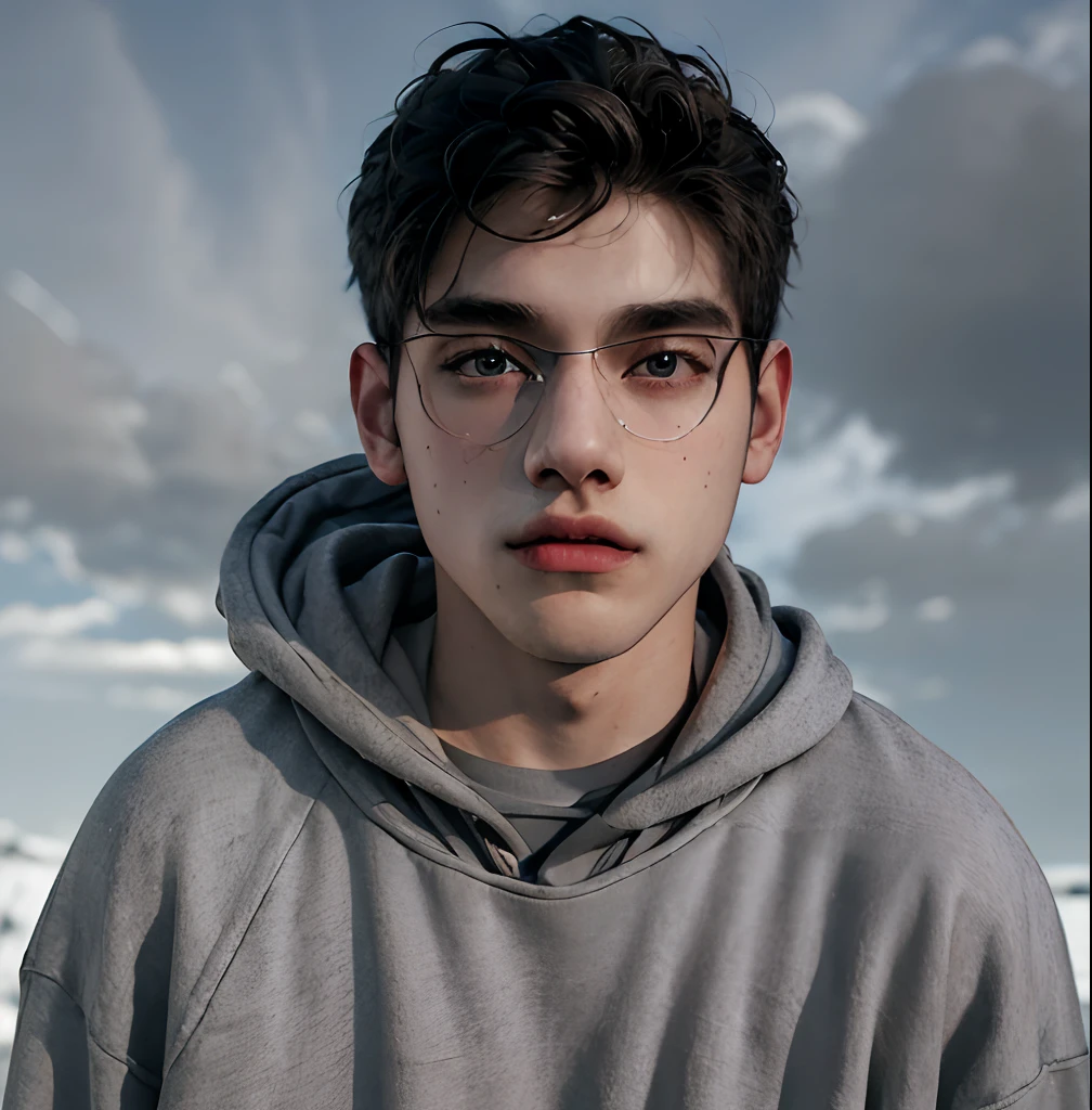 (masterpiece:1.2), (best quality:1.2), hyper realistic,highestres,absurdres,extremely detailed,volumetic,dramatic lighting,(frontal view),
20 year old boy,face,detailed eyes, gray hoodie, black t-shirt, with background ((sky))