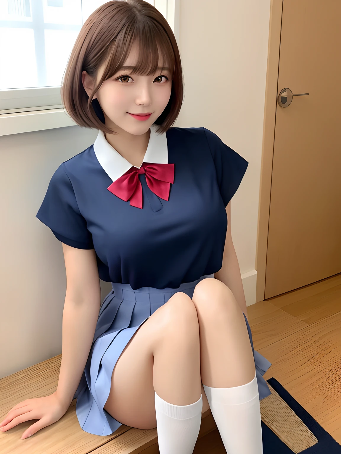 Top image quality、masterpiece、a Japanese young pretty woman、18year old、in a cafe、huge smile、(Wearing a silky shirt with a short-sleeved white collar and a shiny red satin plain bow tie)、(tight shirtp)、(wearing a dark blue pleated skirt)、 (Pleated skirt of middle length)、(Sailor suit skirt)、hyper cute face、shiny lip、double eyelids for both eyes、Natural makeup、short hair shiny smooth light brown hair、((Emphasize the chest with a slouching position))、(Narrow constricted waist)、Standing、asymmetrical bangs、Fair skin、image in center、8K分辨率、hight resolution、detailed hairstyle、A detailed face、spectacular movie lighting、octan render、with a vibrant、Ultra-realistic、Perfect limbs、perfect anatomia、Slender beautiful legs、(Dark blue high socks)