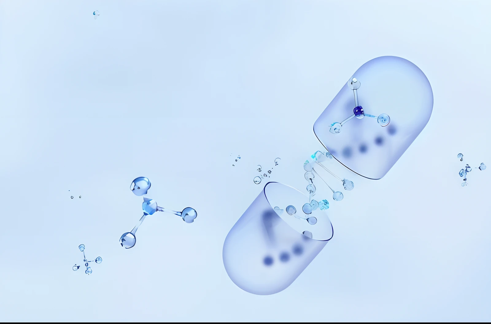 There were two pills floating in the air,There are bubbles, floating molecules, water particulate, water particulate, water particle in front, space molecules, particles floating, atoms floating, molecules, The droplets run down the bottle, bio chemical illustration, molecular, transparent droplets, water caustics, sparse floating particles, glinting particles of ice --auto
