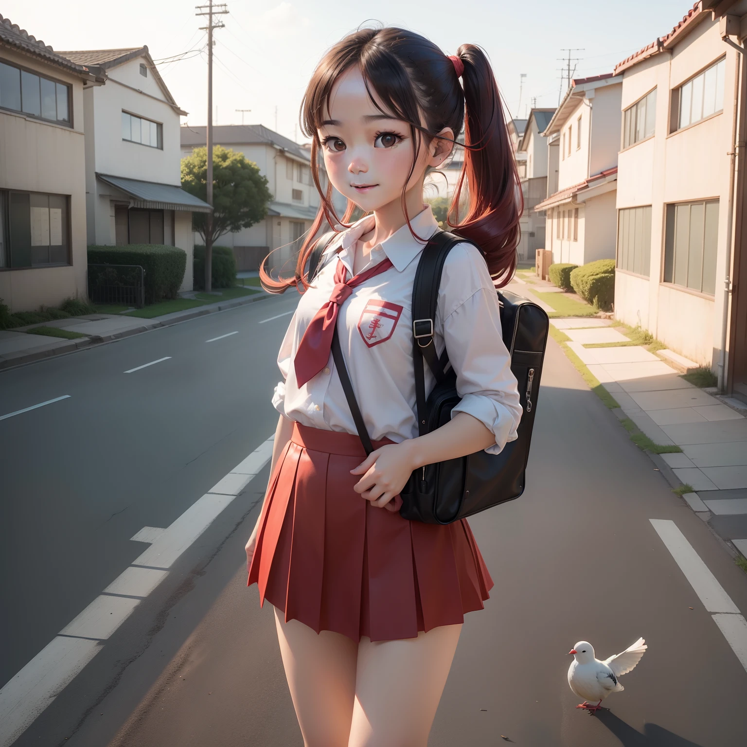 top-quality、high-level image quality、high-detail、8K、1little girl、Very cute、Beautiful Beautiful Girl、Deities々Right、Glossy girl、Fluffy smile、150cm、Jacket White Polo Shirt、red necktie、Red hanging skirt、Red Salopette、Red suspenders、A dark-haired、Very short birdtail、Very small twintails、short birdtail、Forehead、Naked Deco、Carrying a red school bag、red school bag、Put a whistle in your school bag、Strong winds are blowing、Likely to be blown away by the wind、Windy、blows wind、Skirt fluttering in the wind、Foot height々Raise and walk、outside of house、School route、returning home、Sunnyday、Dove walking in the background、Dove on background、White Hiace on background