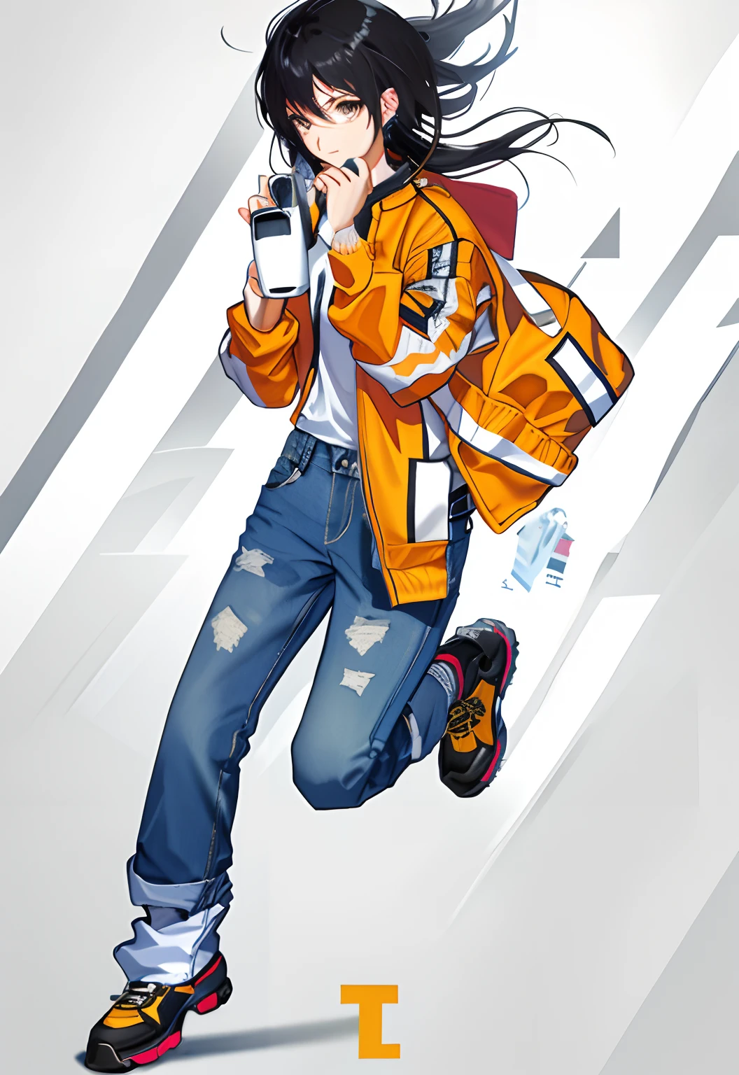 Woman in helmet and jeans running while talking on the phone, She is seen wearing streetwear pieces, Wear jeans，Clothes float in the air，The shirt，Harnes，Black boots