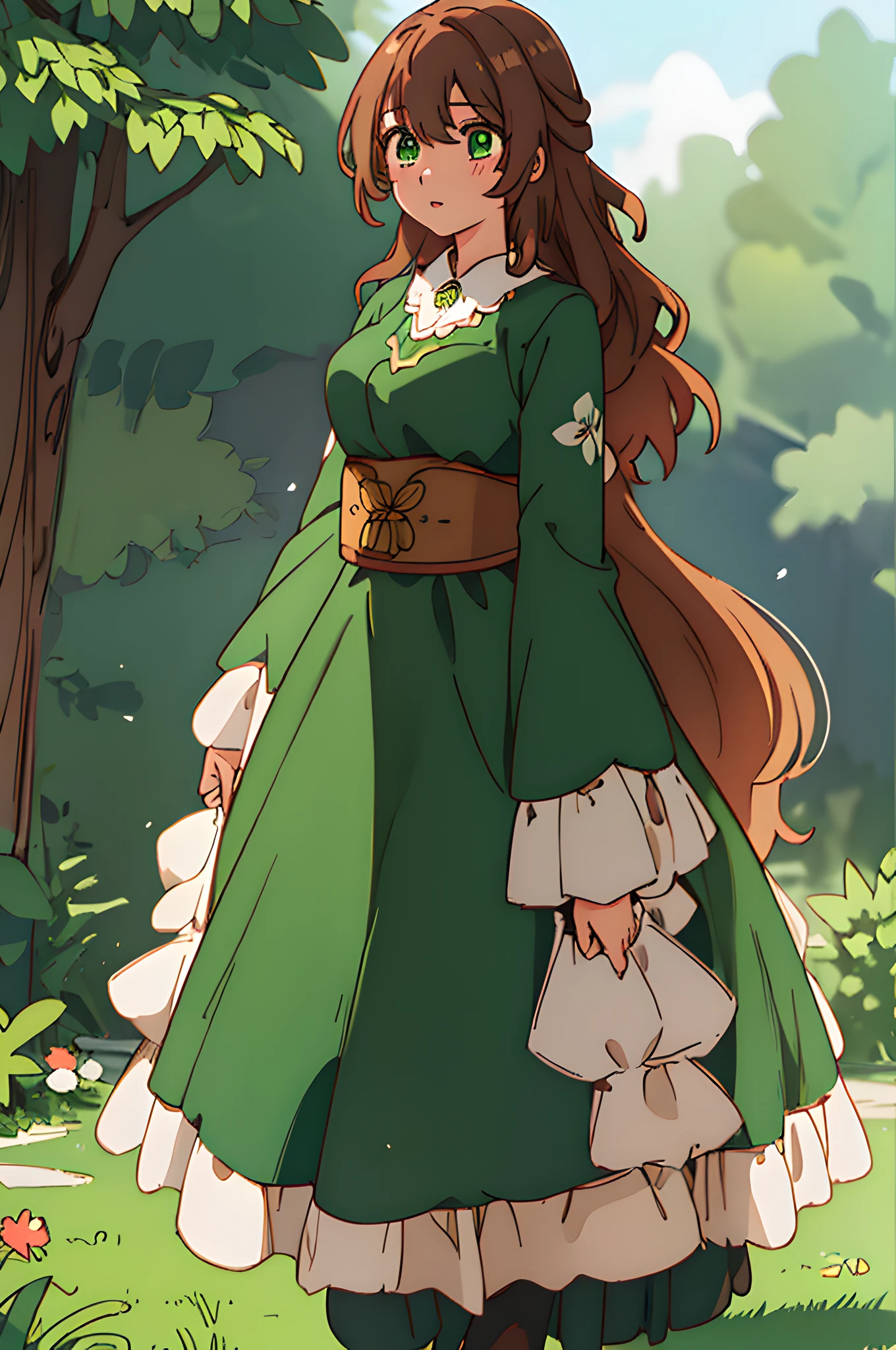 8k, raw camera, highres, detailed, masterpiece, portrait, photorealistic, hyperrealist, aesthetic, beautiful, best quality, highly detaile, best quality clothing, aesthetic clothings, professional angle, rule of thirds, Feminine, delicate, beautiful, 19 years, attractive Japanese, (solo), 1 girl, (Raeliana McMillan), (In Outdoors), ((Full Body)), ((From Front) Shallow Depth of Field), -, ((Normal Mood)), (Long Hair, Brown Chestnut Hair), (Pretty Back Hairstyle,  Hair, Strands on Both Sides Face, Wavy Hair), ((-)), (Light Green Eyes, Open Eyes, Cheerful Gaze), (Flushed, Arms Down, Hands Down), ((Standing Still), Closed Mouth), -, -, (Average Bust), ((Green Elegant Dress, -)), (Long Sleeves, Thight Sleeves, Elegant V-Shaped Neckline), (Embroidery Flowers and Leaves Dress), beautiful body, beautiful eyes, shiny eyes, shiny hair, beautiful mouth, beautiful lips, beautiful skin, beautiful face