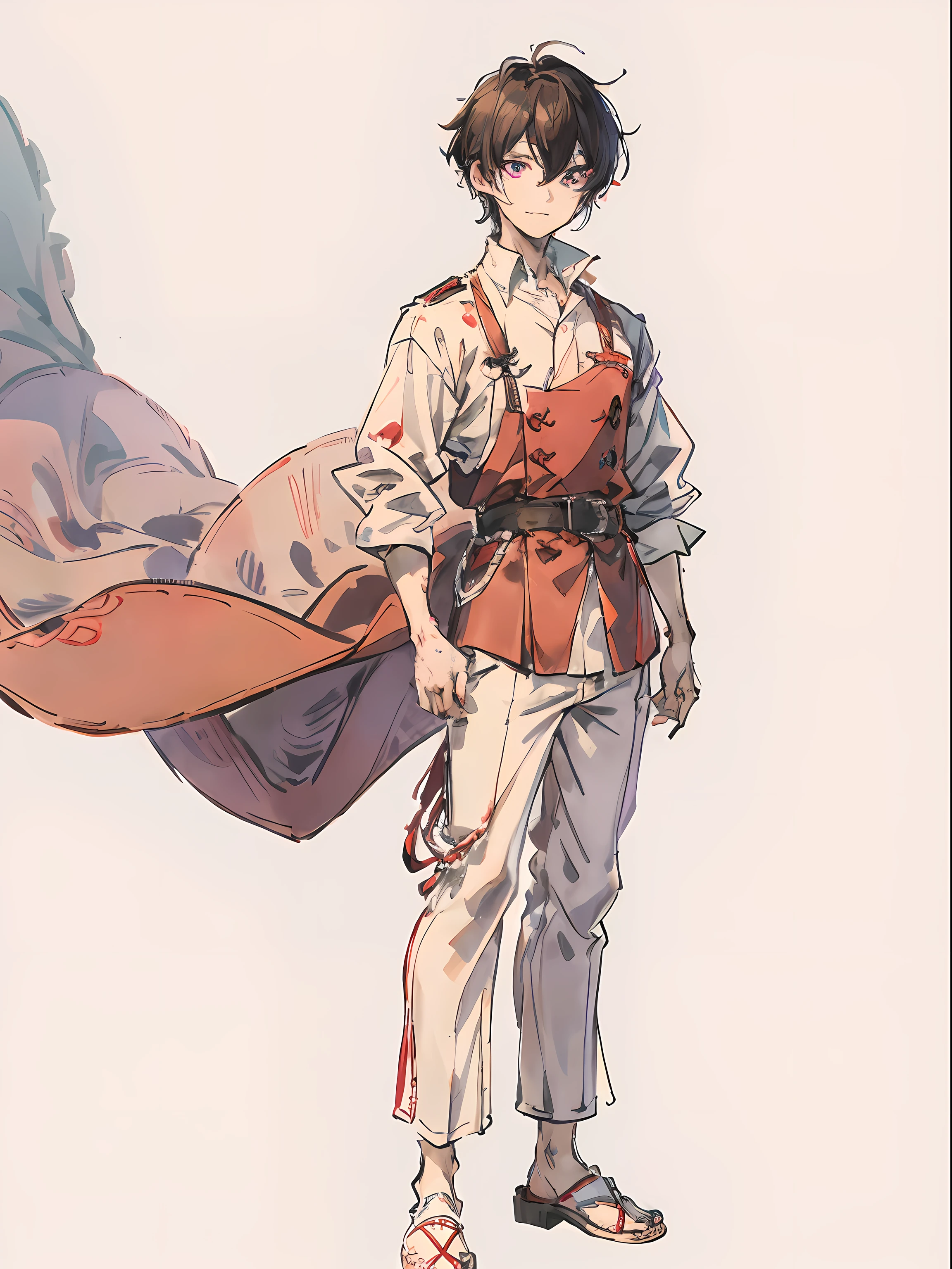virtual_youtuber, 1boy, male_focus, solo, brown_hair, purple_eyes, simple_background, white_footwear, full_body, straight-on, looking_at_viewer, pants, red collared shirt, hair_between_eyes, (VERY DETAILED EYES:1.5), smile, Indonesia_Flag