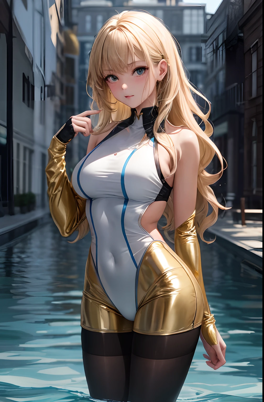 Gorgeous Russian Woman Wearing Skin-Tight Metallic Swimsuit 18 Years Old Standing On Tropical Beach Small Perky [Blue Eyes] Wet Hair, Wet Swimsuit, Wet Skin, Intricate Details, High Resolution, Fine, Smooth, Aesthetic, Fine, Stamped, Octane Rendering, Puffy, (Pubic Bone Prominent), (cameltoe: 1.3), photo_\ ( ultra\), Photorealistic, Realistic, Post Processing, Maximum Detail, Roughness, Real Life, Ultrarealism, Photorealism, Photorealism, Photography, 8k UHD, Photo, Semi-Silhouette Light, Russian Face, Octane Rendering, Freckles