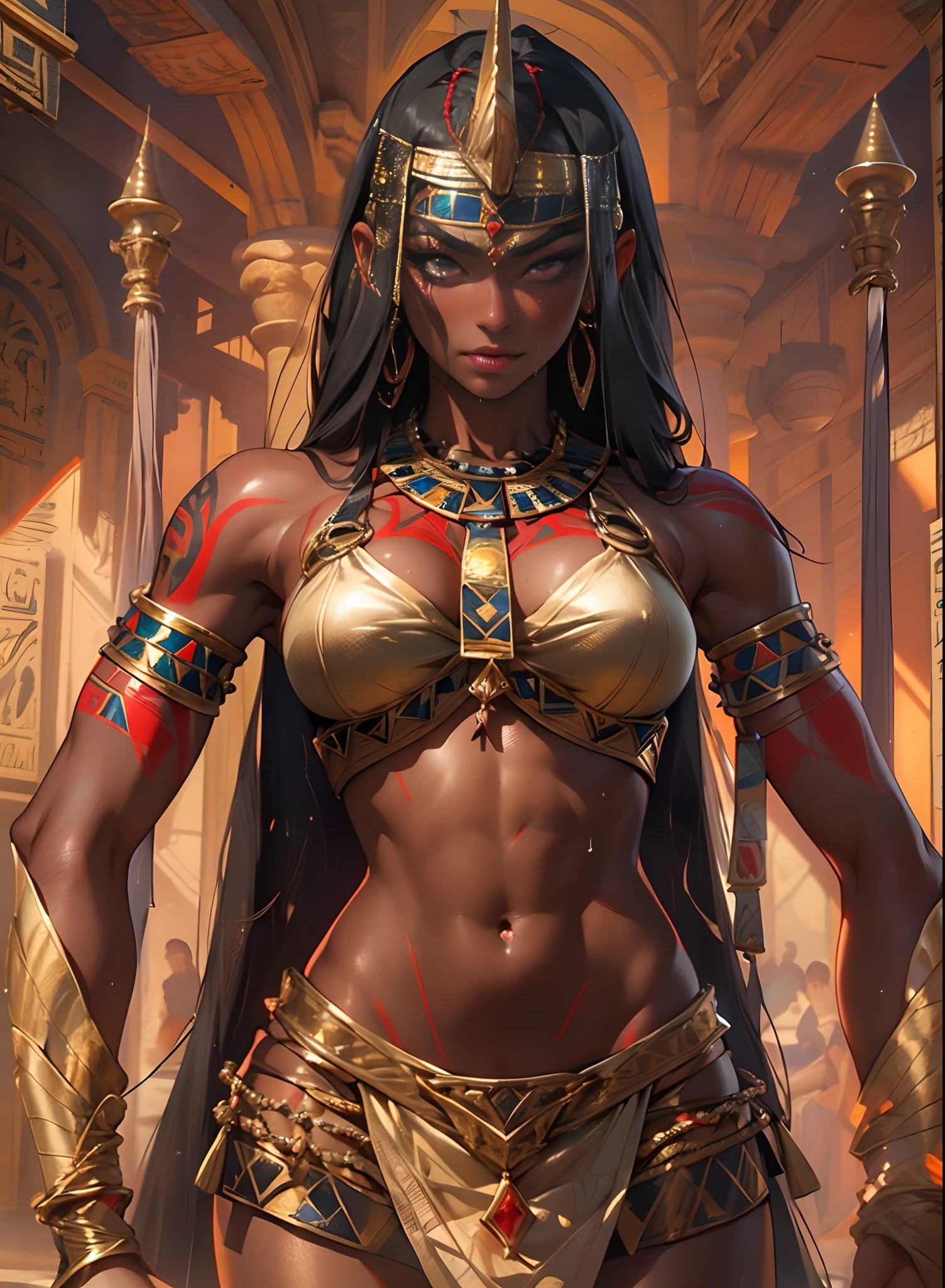 ((Frank Frazetta)), beautiful black woman, Beautiful black eyes、 Egyptian woman, (Glossy Egyptian ornaments), muscular and perfect body,(top-quality、8K、32K、masterpiece、nffsw:1.3)、超A high resolution,(Photorealsitic:1.4),, long black hair with heavy bangs on the forehead,,,,,,,Image from head to thigh,,Ray traching,Sun glare,depth of fields,By backlight effect、Add depth to your screen、muscular body, Red veil, dark skin shiny with oil and sweat, Anubis warrior in small clothes, golden bra, Egyptian tattoo,, Large breasts, Generous cleavage, , A desert, pyramids in the background