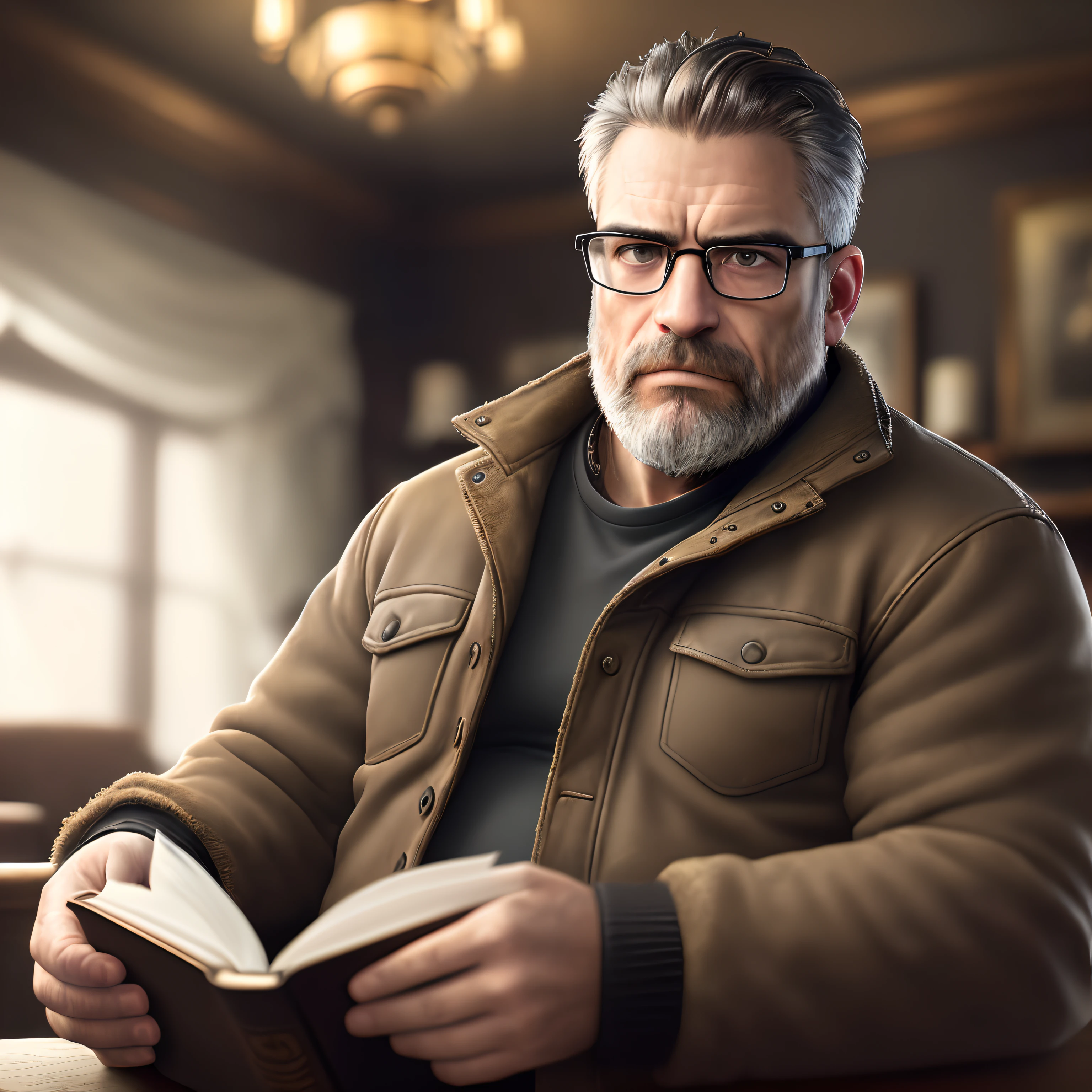 (editorial photograph 9:16of a working man sitting in his living room in, bearded, serious doing his reading, 47 years old, brown eyes), (wearing worn and worn winter shirt, wearing old worn black leather jacket, wearing glasses, detailed:1.3), (highly detailed face:1.4), (background inside dark, grumpy, private study, antique furniture:1.3), (8k, uhd, DSLR, high quality, cinematic lighting, bokeh), (dramatic and award-winning photography, amazing masterpiece:1.3) (strong depth of field)
