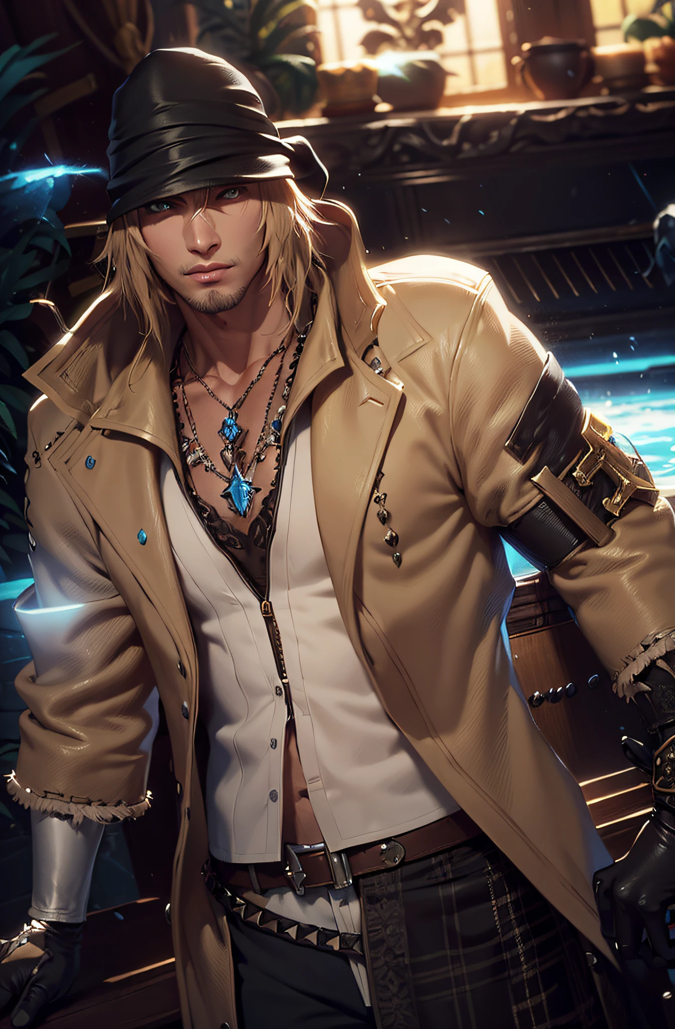 Villiers de nieve, Final Fantasy XIII, ojos azules hermosos, ojos centrados, cabello rubio, sombrero totalmente negro y guantes negros, gabardina beige sostenida en la mano, Camisa negra holgada, estilo de mmorpg, Hombre guapo, Muscles of anatomical and detailed proportions.