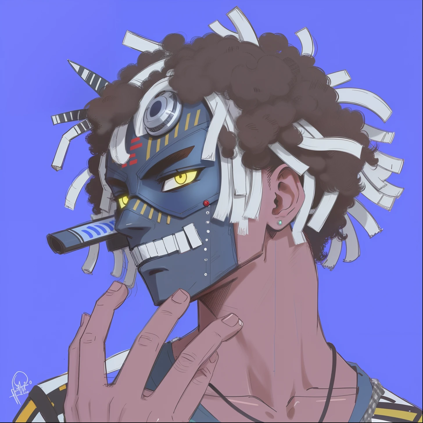 There is a drawing of a person with a mask in, Gatilho Estilo de Arte de Anime, anime afrofuturismo, 2 d estilo anime, anime vibes, 2 0 2 2 estilo anime, Estilo anime 2022, no estilo de arte do anime 8 0 s, foto de perfil do discord, estilo de arte desconhecido, eles chifres, estilo anime afro samurai