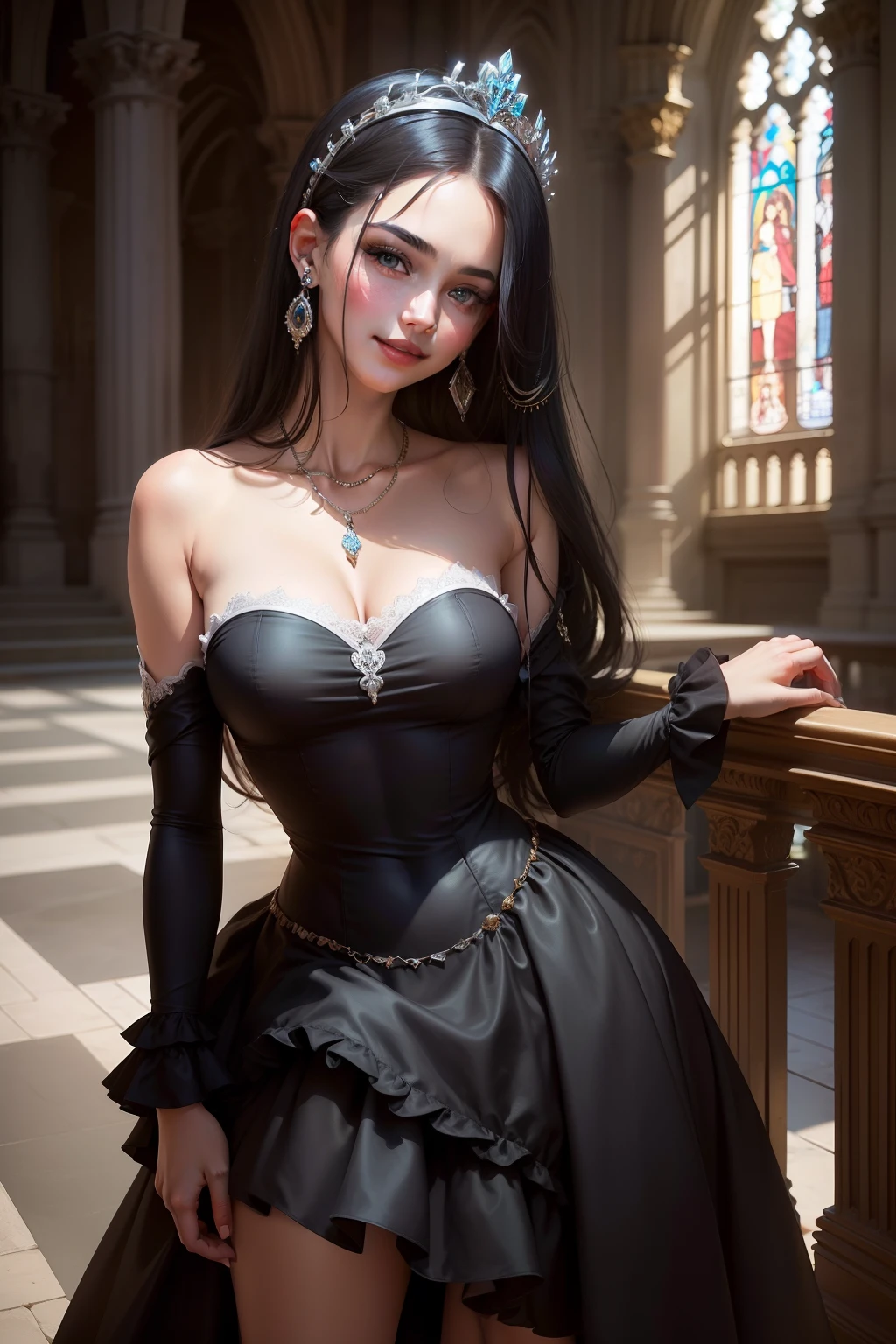 Stop Use these settings(((masterpiece))), (((best quality))),girl is black hair, . ,looking at another, ((lips)),dark persona, white dress ,sharp blue eyes, ,realistic, white and clear skin, sexy, teenage, at old cathedral, riches, wealth, cozy, warm, alluring, tempting, small tiara. jewelry, earrings, necklace, smile