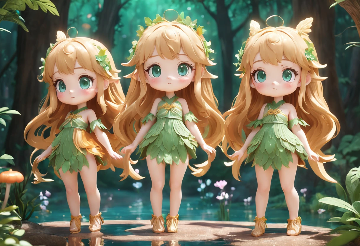 Full body 3D artwork of super cute girl, Front view, Side view, Back view, forest fairy, doll, concept-art, t pose, reference sheet, Pop Mart blind box, by Pixar, Long hair, Green watery - eyes, floral decorations, Rattan decoration, luxury goods, Complex details, a 3D render, blender, OC renderer, Fore Body Reference Table, drools, High details, 8K, Studio lighting