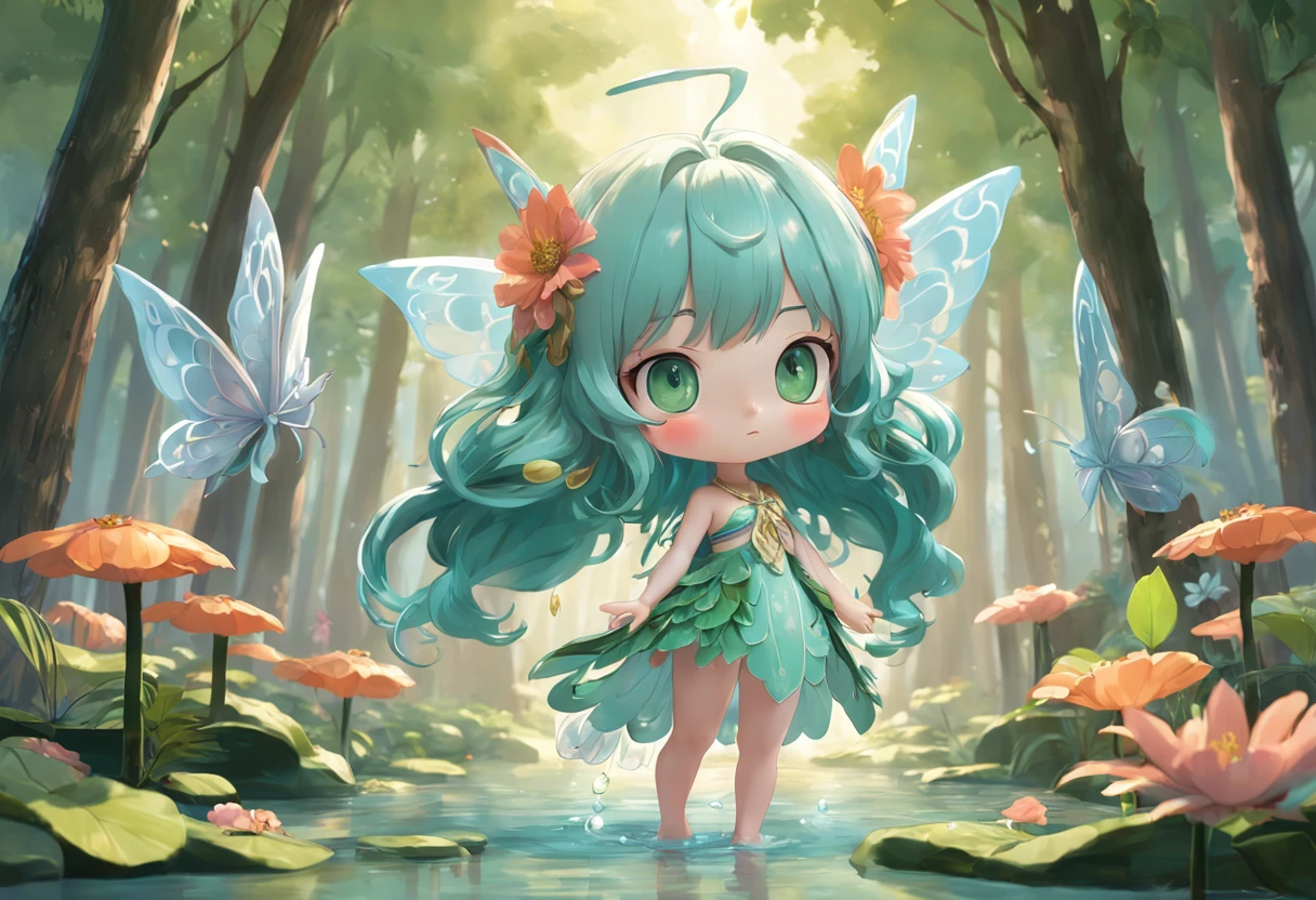 Full body 3D artwork of super cute girl, Front view, Side view, Back view, forest fairy, doll, concept-art, t pose, reference sheet, Pop Mart blind box, by Pixar, Long hair, Green watery - eyes, floral decorations, Rattan decoration, luxury goods, Complex details, a 3D render, blender, OC renderer, Fore Body Reference Table, drools, High details, 8K, Studio lighting