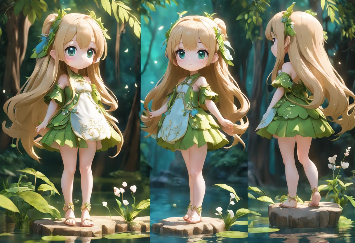Full body 3D artwork of super cute girl, Front view, Side view, Back view, forest fairy, doll, concept-art, t pose, reference sheet, Pop Mart blind box, by Pixar, Long hair, Green watery - eyes, floral decorations, Rattan decoration, luxury goods, Complex details, a 3D render, blender, OC renderer, Fore Body Reference Table, drools, High details, 8K, Studio lighting