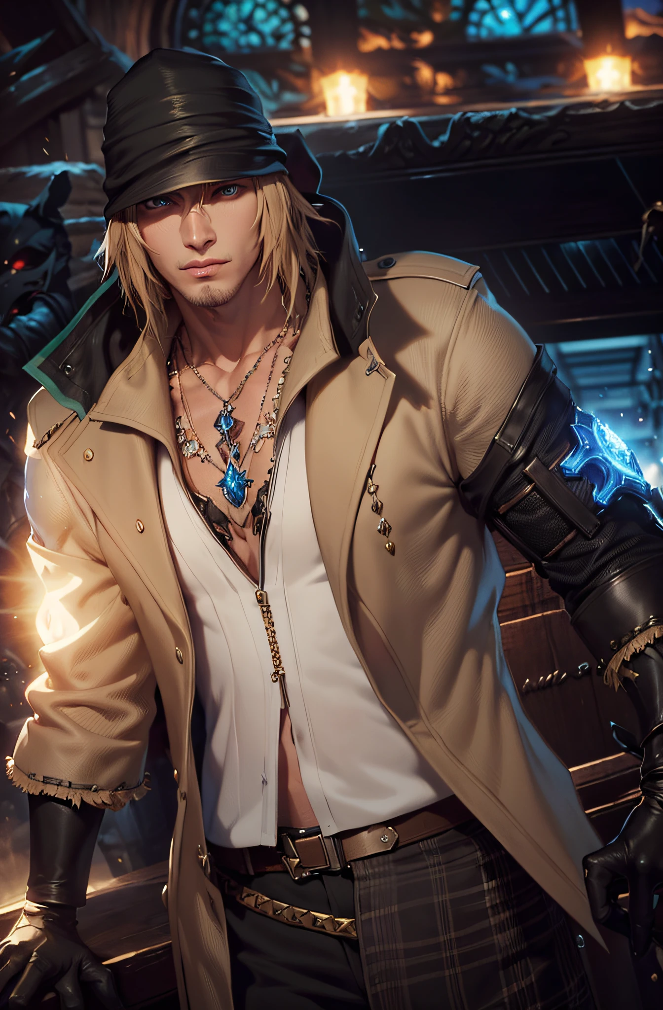 Villiers de nieve, Final Fantasy XIII, ojos azules hermosos, ojos centrados, cabello rubio, sombrero totalmente negro y guantes negros, gabardina beige sostenida en la mano, Camisa negra holgada, estilo de mmorpg, Hombre guapo, Muscles of anatomical and detailed proportions.