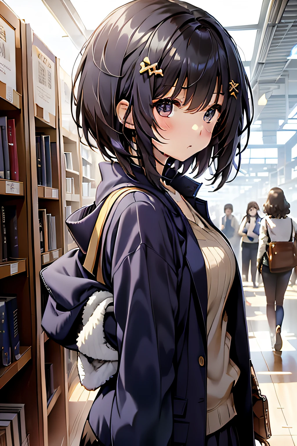 girl with、A dark-haired、short-hair、Beautiful hairstyle、High school students、校服、Dark blue blazer、cute little、atlibrary、Looking for a book、After school、the golden ratio、high-detail