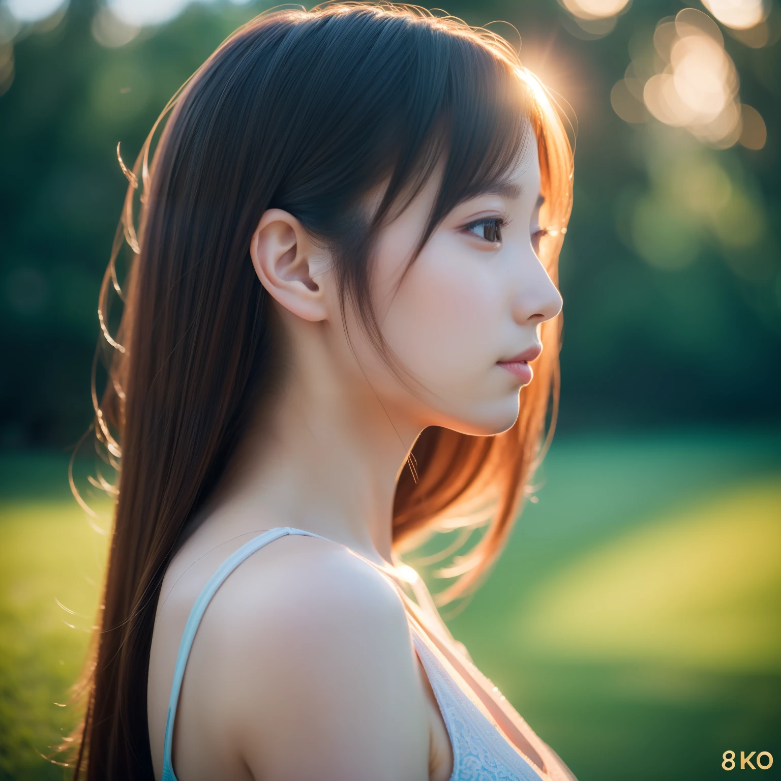 the morning sun、profile、hposing Gravure Idol、((top-quality、8K、masterpiece:1.3))、Raw photography