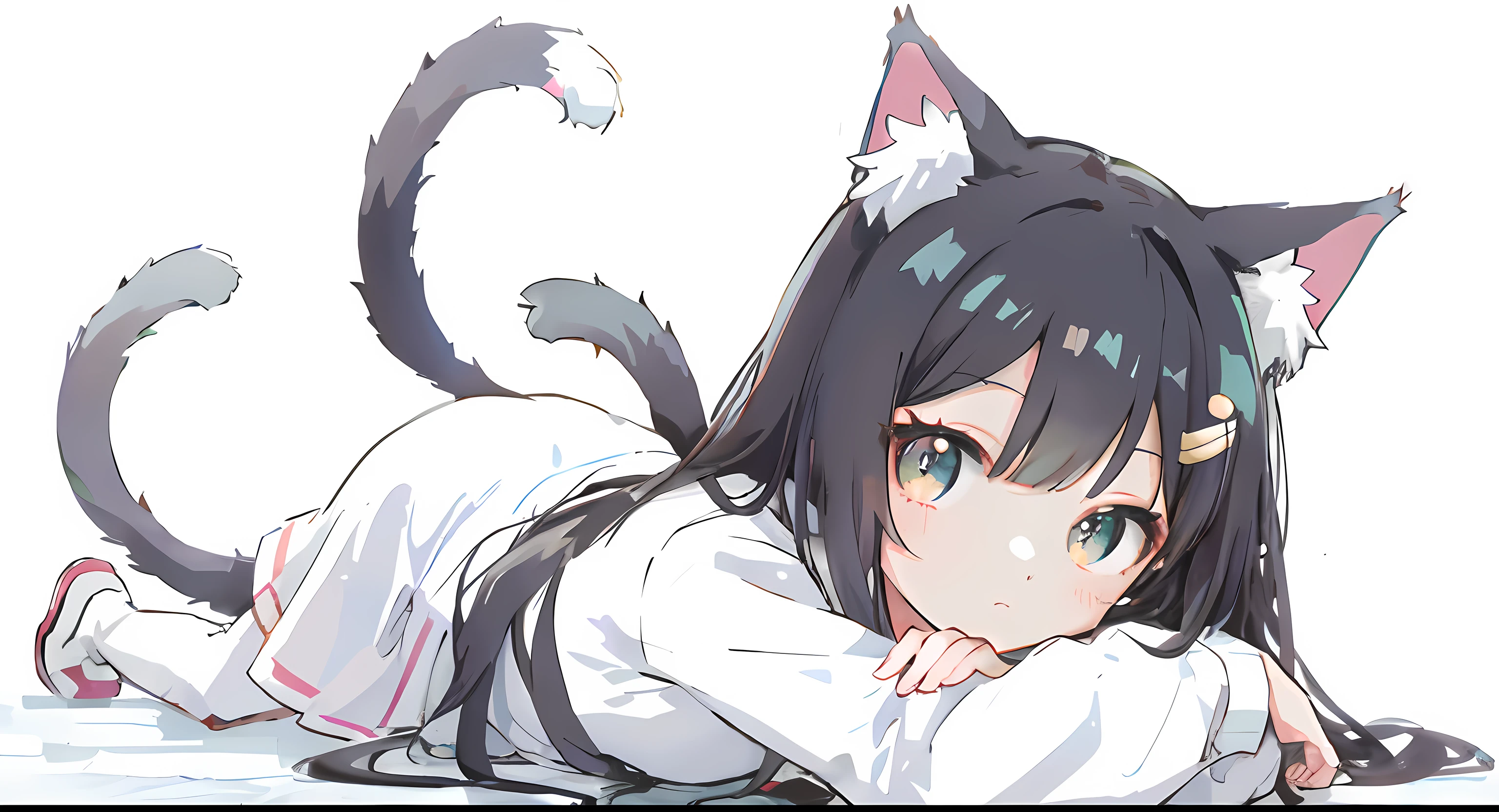 Anime characters lying on the ground,She has long black hair, Anime cat girl in white shirt, cute anime catgirl, Cute!! tchibi!!! Cat woman, anime catgirl, Very beautiful anime cat girl, anime cat, Anime moe art style, beautiful anime catgirl, very beautiful cute catgirl, anime girl with cat ears, Cat girl, ahri, nekomimi