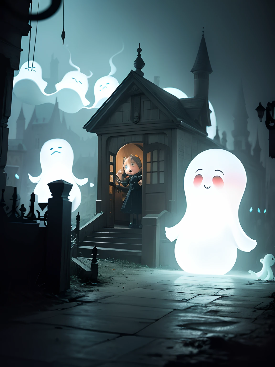 Masterpiece, Best quality, haunted theme park, haunted by chibi ghosts, Cute, Whimsical, Glow, Glowing, fun, Silly, mistic