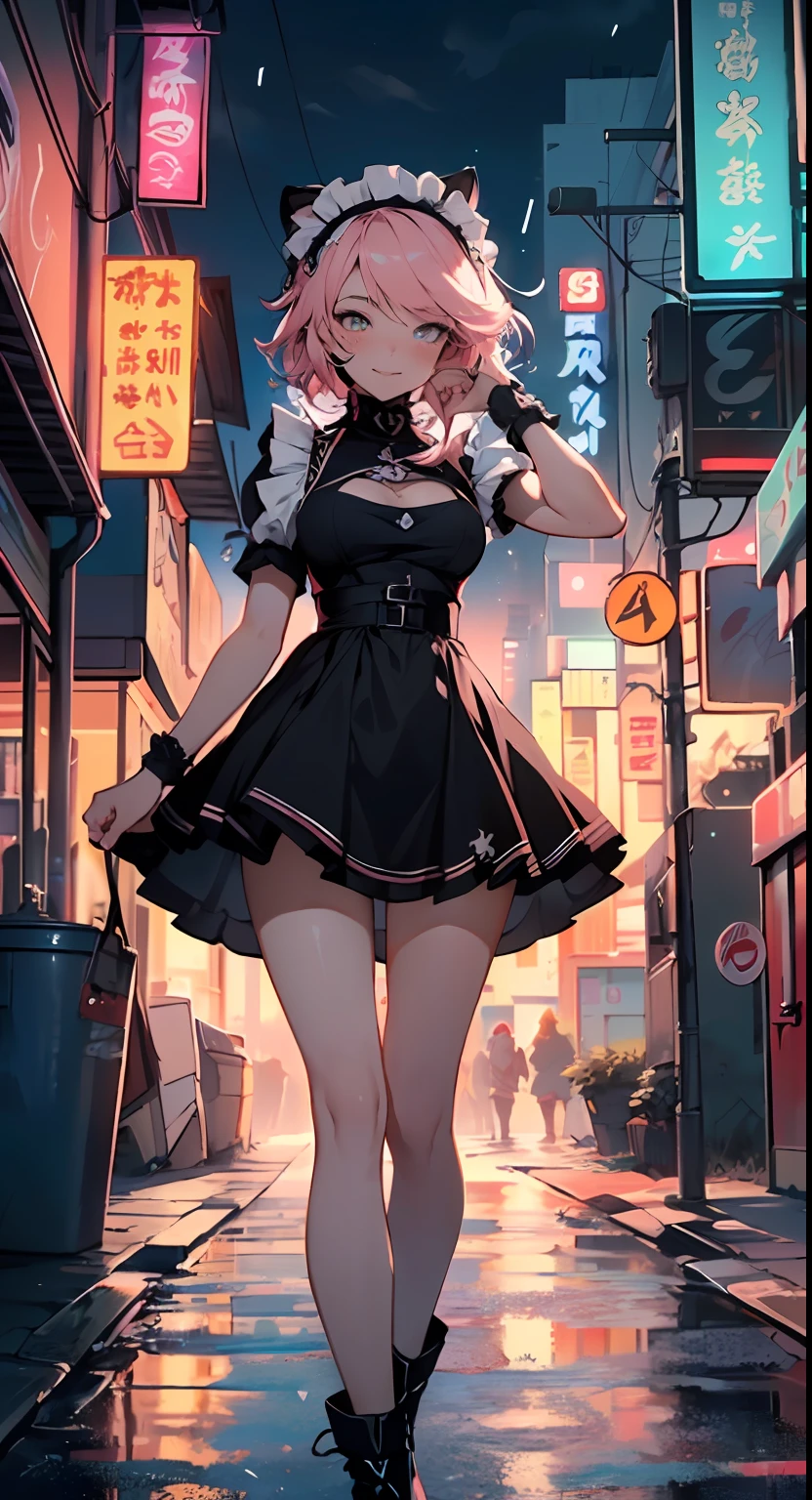 Super cute little maid cat girl,(((1girl))),(((little li,small tiny body,petite))),(((6 ye),((anime maid cat girl with extremely cute and beautiful pale pink hair walking seductively down the street)),(((cat girl,anthro furry cute,cat-girl))),(((tail,cat tail,cat ears,thin cat tail,cat ears on head,big cat ears))),
(large breasts:1.4),bountiful breasts,fluffy breasts,H cup bust,bust up,bulging bust top,(((pale pink messy hair:1.35,colored inner hair,messy hair,ear breathing))),((heterochromia,eye1 pink,eye2 yellow,perfect eyes,upturned eyes:1.3,beautiful detailed eyes,finely detailed beautiful eyes:1,big highlight on eyes:1.2,slanted eyes)),((fat)),(((lustrous skin:1.5,bright skin: 1.5,skin tanned,shiny skin,very shiny skin,shiny body,plastic glitter skin,exaggerated shiny skin))),(spider lower abdomen,narrow waist,wide hip,athletic body,inflated legs,delicate detailed fingers,detailed body,detailed arms,human hands,(detailed face)),(((short stature,small))),
cute,slutty,seductive,erotic,(((nsfw))),
zettai ryouiki,(maid headdress),maid uniform,Headdress,(maid),sleeveless,mini skirt,boots,cleavage cutout,bare legs,clothes with a lot of lace frills,(detailed outfit,detailed clothes),
(dynamic pose:1.0),solo focus,happy,((sweet smile)),,centered,scale to fit dimensions,Rule of thirds,
outdoors,((night view)),(very pretty city neon synthwave,cyberpunk night street Background:1.5,dark sky,thick clouds),future vehicles,((neon lights)),thick clouds,(cyberpunk style,neon lights, (synthwave theme background), lonely street),(((detailed background:1.25))),
(best quality),(high resolution),(sharp focus),(ultra detailed),(extremely detailed),(extremely high quality artwork),8k_wallpaper,(extremely detailed CG 8k),(very fine 8K CG),((hyper super ultra detailed perfect piece)),flawless,(((masterpiece))),illustration,vibrant colors,(intricate),High contrast,Selective lighting,Double exposure,HDR (High Dynamic Range),Post-processing,Background blur,
