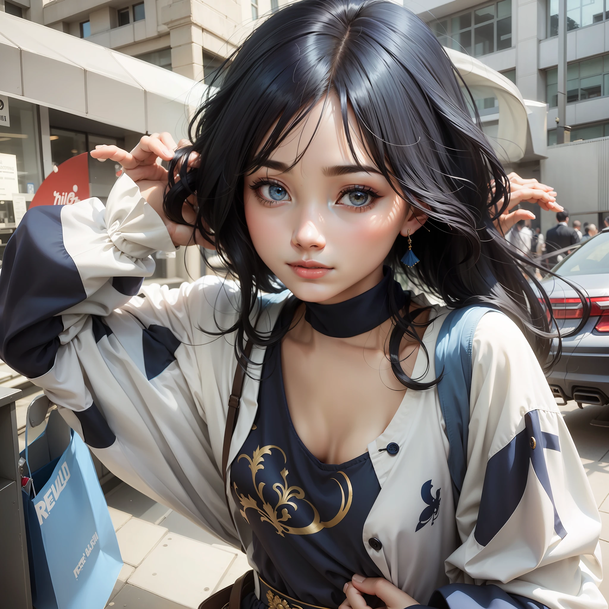 beautiful woman, realistic, ((detail)), black hair in blue polish, elegant, non-greasy face