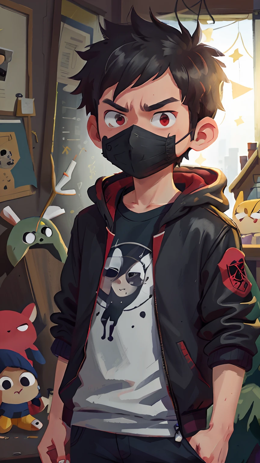 Boy with 17 years old ,have a black jacket over a white shirt , black ClothMask , black mask in his mouth , black pushed back hair , red eyes , in the space , FLING , (clutter - house: 0.8), (masterpiece: 1.2) (Realistic: 1.2) (Bokeh) (Best quality) (Detailed skin: 1.3) (Intricate details) (8K) (Detail eyes) (Sharp focus),