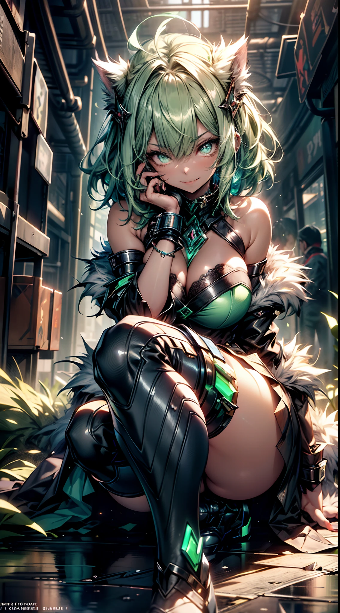 werewolf girl, ((fluffy skin)), paws on foots, fluffy fur on body, ((fangs)), ((claws)), tight slim crop top, cleavage, decolette, huge metal bracelets, huge metal collar, high over-the-knee boots, light green extremely_detailed_(lacy, fur, silk, satin)_(clothing, skirt), (light green clothing), detailed face, detailed beautiful shiny eyes, slit pupils, metallic reflections, futuristic city square, (tatooed, marked)_fit_muscular_body, (((1girl))), portrait, (full body), natural breasts, medium length hair, masterpiece, best quality, beautiful and aesthetic:1.2, fractal art:1.4, 16K, HDR, RTX, Ray Tracing, Radiosity, Anisotropic Filtering, Subsurface Scattering, light green neon, futuristic, vibrant colors