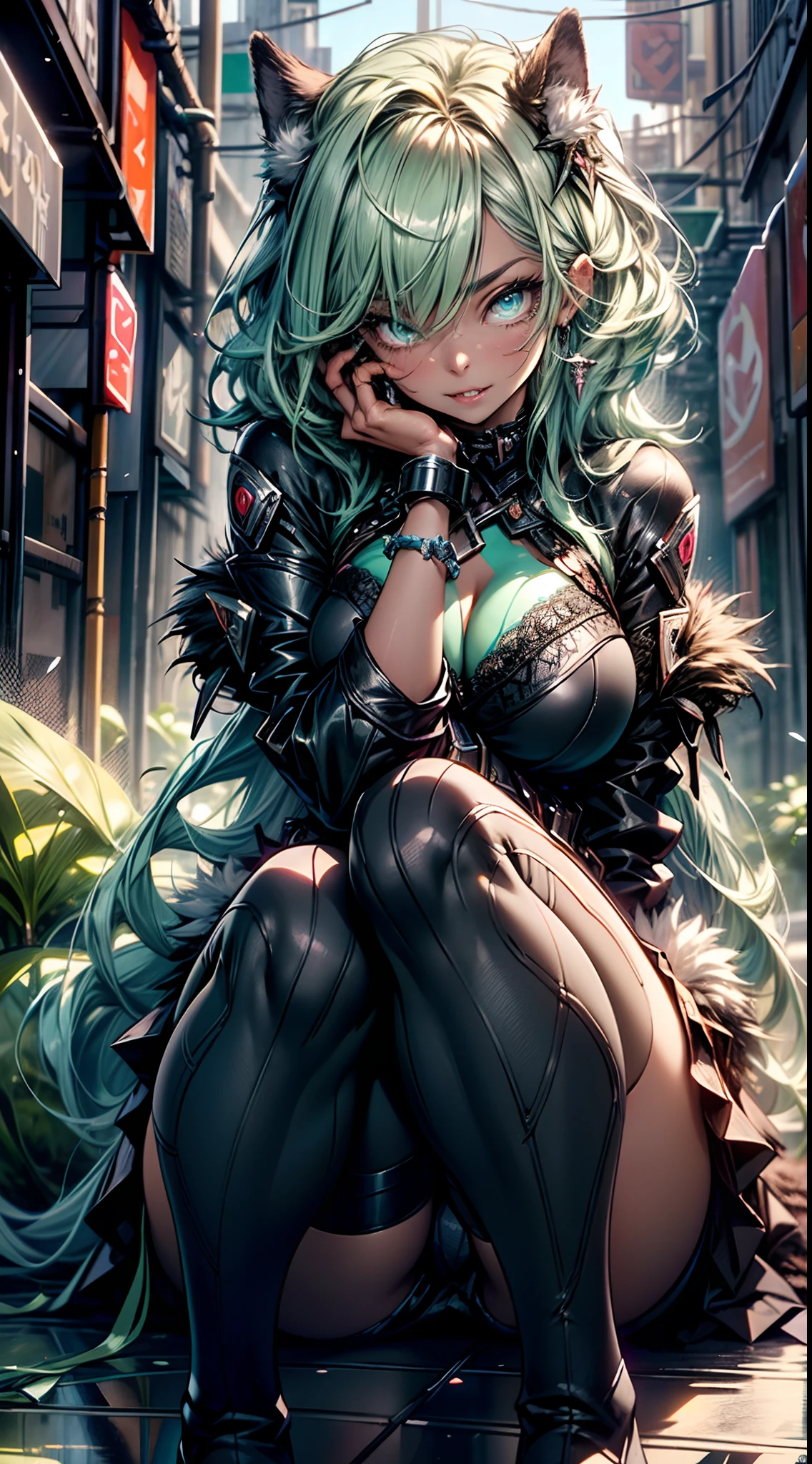 werewolf girl, ((fluffy skin)), paws on foots, fluffy fur on body, ((fangs)), ((claws)), tight slim crop top, cleavage, decolette, huge metal bracelets, huge metal collar, high over-the-knee boots, light green extremely_detailed_(lacy, fur, silk, satin)_(clothing, skirt), (light green clothing), detailed face, detailed beautiful shiny eyes, slit pupils, metallic reflections, futuristic city square, (tatooed, marked)_fit_muscular_body, (((1girl))), portrait, (full body), natural breasts, medium length hair, (masterpiece:1.4), (best quality:1.4), 1girl, photorealistic, ultra detailed, ((Real image)), ((realistic skin)), ((realistic face)),(illustration:1.05), (beautiful:1.05), (beautiful detailed eyes:1.05), (cinematic light:1.1), Full body, hair voluminous, perfect and well designed eyes, beautiful and delicate face, fair skin, real skin, (face detail), pores, super high resolution, 8k, parameters Best quality, masterpiece, super high resolution, (Realistic 2.0), More details, detailed skin, beautiful and aesthetic:1.2, fractal art:1.4, 16K, HDR, RTX, Ray Tracing, Radiosity, Anisotropic Filtering, Subsurface Scattering, light green neon, futuristic, vibrant colors