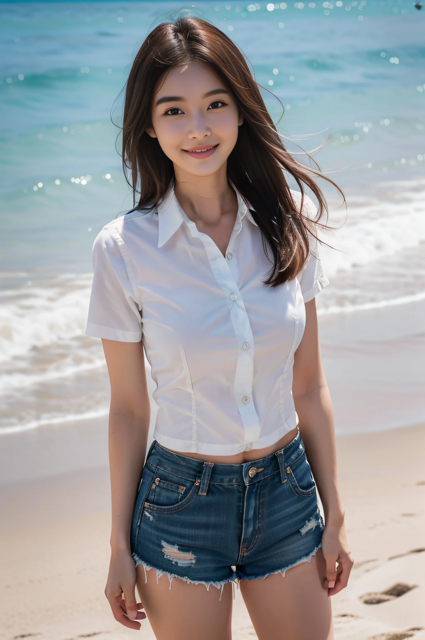 (best quality, complex details: 1.2) ,1 girl, solo, looking at the audience, wide men's collar shirt, (cowboy shorts), lips parted, realistic,on the beach, smile,shy,Medium size，white body,long hair,bare_legs,pale complexion,