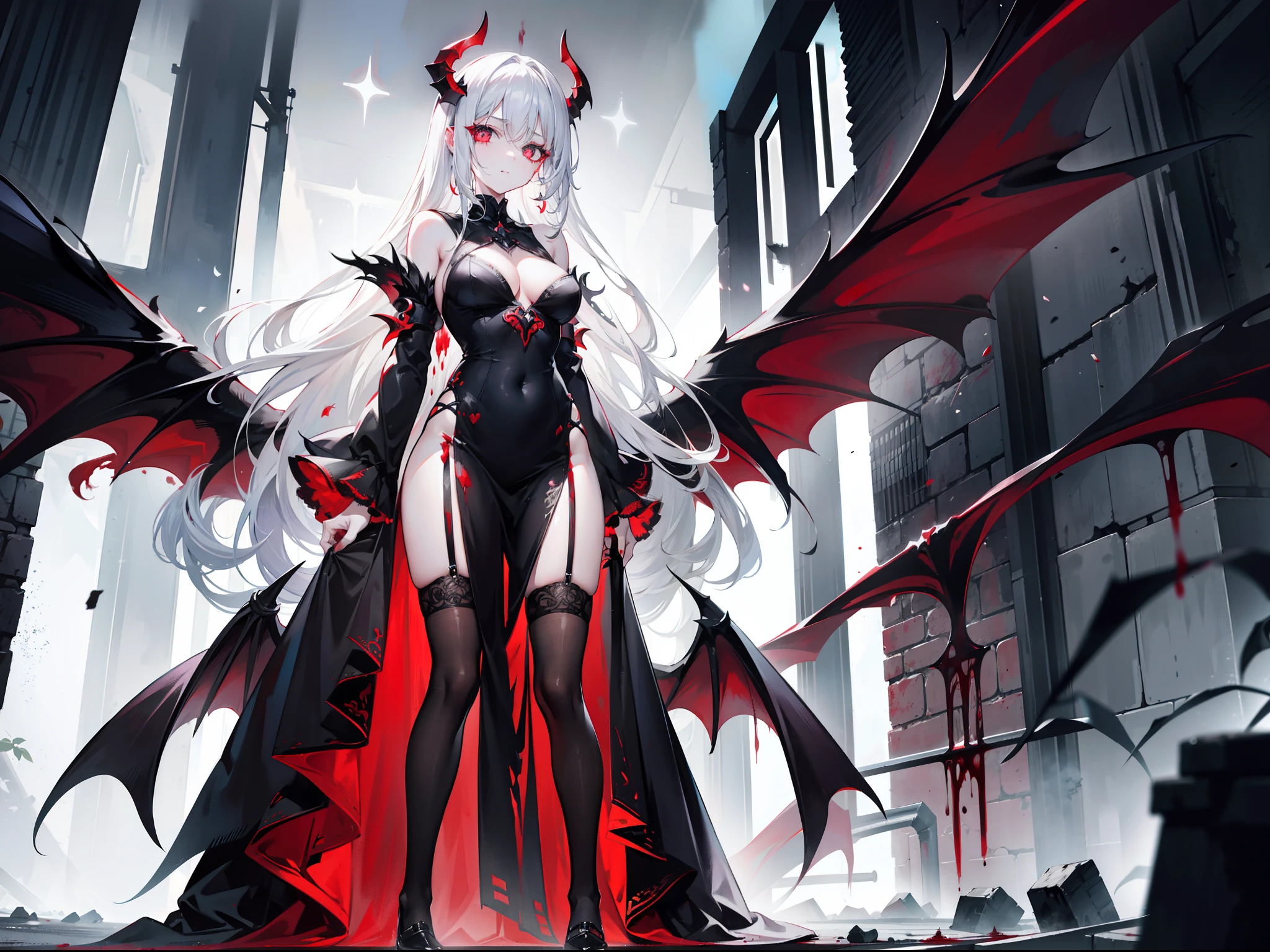 Beautiful girl with white hair，with hair dishevelled，long whitr hair，The ends of the hair gradually turn black，Extremely tall，Thin，Wearing a long black dress，black lence stockings，Extremely high black heels，The expression is grim，抖S，Sick，Silver pupils，Be covered in blood，Standing among the ruins of a city covered with corpses，Perverted murderer，The demons，Extremely thin and tall，The legs are very thin，There is an extremely large pair of black wings behind him，terroral，The legs are very long，The body is extremely thin，There are red blood stains under the eyes，The body was covered in blood，Blood-red eyelashes，The demons，devils，Royal sister