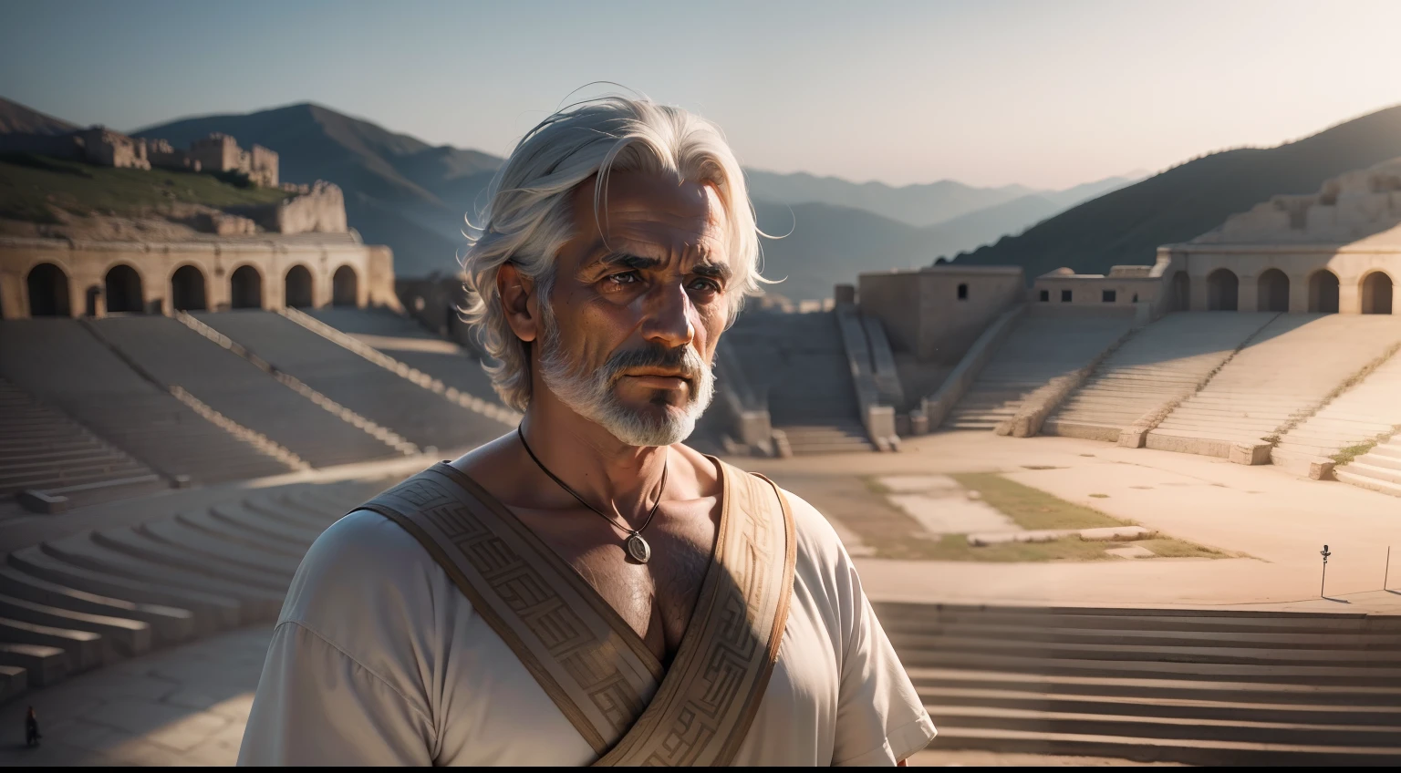 image of the Greek philosopher Seneca, Standing talking to a crowd of people in a Greek amphitheater in Ancient Greece, 16k, hyper realista, alta resolucao, rosto bem talhado, sem imperfeicoes, retrato, ponto de vista hiper detalhado, por lee jeffries, nikon d850, fotografia de filme, 4 kodak portra 400, F1 camera lens.6, cores ricas, hiper realista, textura realista, lighting dramatic, cinestill 800, closeup, macro, Seneca is standing dressed in ancient Greek clothes, em frente a varias pessoas sentadas no anfiteatro