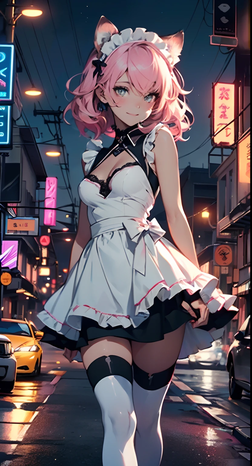 Super cute little maid cat girl,(((1girl))),(((little ,small tiny body,petite))),(((6 ye((anime maid cat girl with extremely cute and beautiful pale pink hair walking seductively down the street)),(((cat girl,anthro furry cute,cat-girl))),(((tail,cat tail,cat ears,thin cat tail,cat ears on head,big cat ears))),
(large breasts:1.4),bountiful breasts,fluffy breasts,H cup bust,bust up,bulging bust top,(((pale pink messy hair:1.35,colored inner hair,messy hair,ear breathing))),((heterochromia,eye1 pink,eye2 yellow,perfect eyes,upturned eyes:1.3,beautiful detailed eyes,finely detailed beautiful eyes:1,big highlight on eyes:1.2,slanted eyes)),((fat)),(((lustrous skin:1.5,bright skin: 1.5,skin tanned,shiny skin,very shiny skin,shiny body,plastic glitter skin,exaggerated shiny skin))),(spider lower abdomen,narrow waist,wide hip,athletic body,inflated legs,delicate detailed fingers,detailed body,detailed arms,human hands,(detailed face)),(((short stature,small))),
cute,slutty,seductive,erotic,(((nsfw))),
zettai ryouiki,(maid headdress),maid uniform,Headdress,(maid),sleeveless,mini skirt,boots,cleavage cutout,bare legs,clothes with a lot of lace frills,(detailed outfit,detailed clothes),
(dynamic pose:1.0),solo focus,happy,((sweet smile)),,centered,scale to fit dimensions,Rule of thirds,
outdoors,((night view)),(very pretty city neon synthwave,cyberpunk night street Background:1.5,dark sky,thick clouds),future vehicles,((neon lights)),thick clouds,(cyberpunk style,neon lights, (synthwave theme background), lonely street),(((detailed background:1.25))),
(best quality),(high resolution),(sharp focus),(ultra detailed),(extremely detailed),(extremely high quality artwork),8k_wallpaper,(extremely detailed CG 8k),(very fine 8K CG),((hyper super ultra detailed perfect piece)),flawless,(((masterpiece))),illustration,vibrant colors,(intricate),High contrast,Selective lighting,Double exposure,HDR (High Dynamic Range),Post-processing,Background blur,