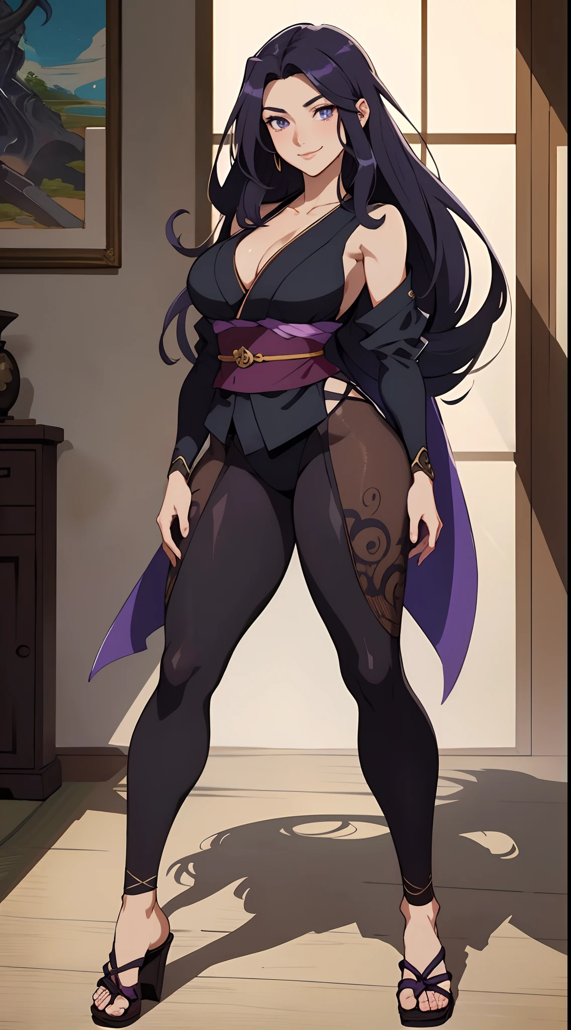 a beautiful woman with sleek dark purple long hair, a delicate and enchanting face, her eyes are sharp and piercing, a cunning smile, she has a slender figure, a fantasy-style form-fitting ninja outfit, the character design reflects a fantasy-style ninja by Japanese anime design, the artwork features finely detailed character design, showcasing a mature Japanese manga artistic style, ((character concept art)), full body character drawing, high definition, best quality, ultra-detailed, extremely delicate, anatomically correct, symmetrical face, extremely detailed eyes and face, high quality eyes, creativity, RAW photo, UHD, 8k, (Natural light, professional lighting:1.2, cinematic lighting:1.5, best shadow), (masterpiece:1.5)