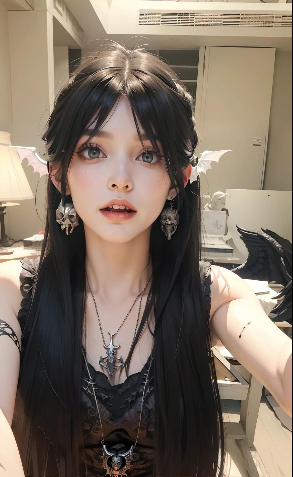 Fine matte paint,Skeleton Dark Angel, Haunted castle with large wings, Fill the drawing table with a knife,terroral,uncanny,horrid,secret terror,tentaculata,grape trees,The eye,uncanny valley effect teeth,all fours,Critters,Blood Moon,Sharp fangs,vampire tooth,Blood