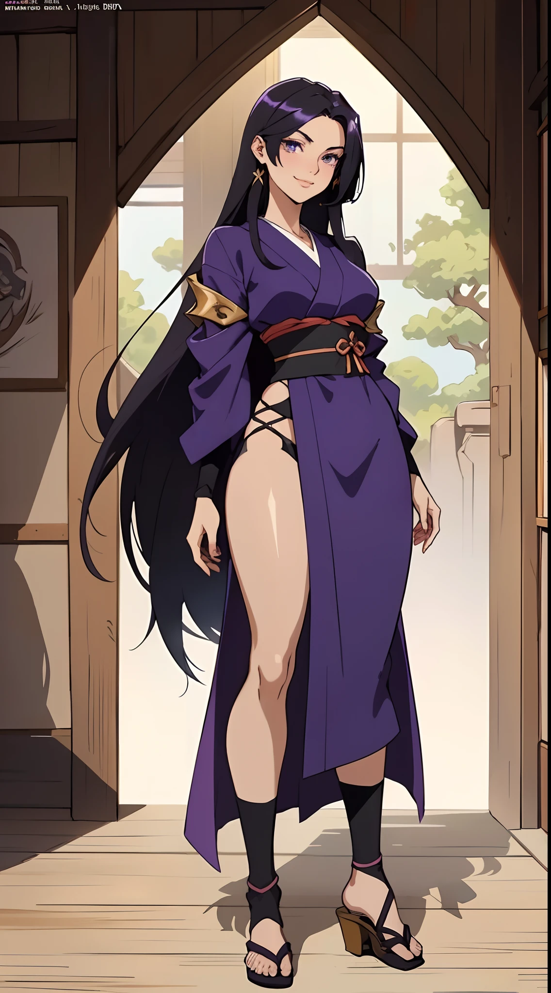 a beautiful woman with sleek dark purple long hair, a delicate and enchanting face, her eyes are sharp and piercing, a cunning smile, she has a slender figure, a fantasy-style form-fitting ninja outfit, the character design reflects a fantasy-style ninja by Japanese anime design, the artwork features finely detailed character design, showcasing a mature Japanese manga artistic style, ((character concept art)), full body character drawing, high definition, best quality, ultra-detailed, extremely delicate, anatomically correct, symmetrical face, extremely detailed eyes and face, high quality eyes, creativity, RAW photo, UHD, 8k, (Natural light, professional lighting:1.2, cinematic lighting:1.5, best shadow), (masterpiece:1.5)