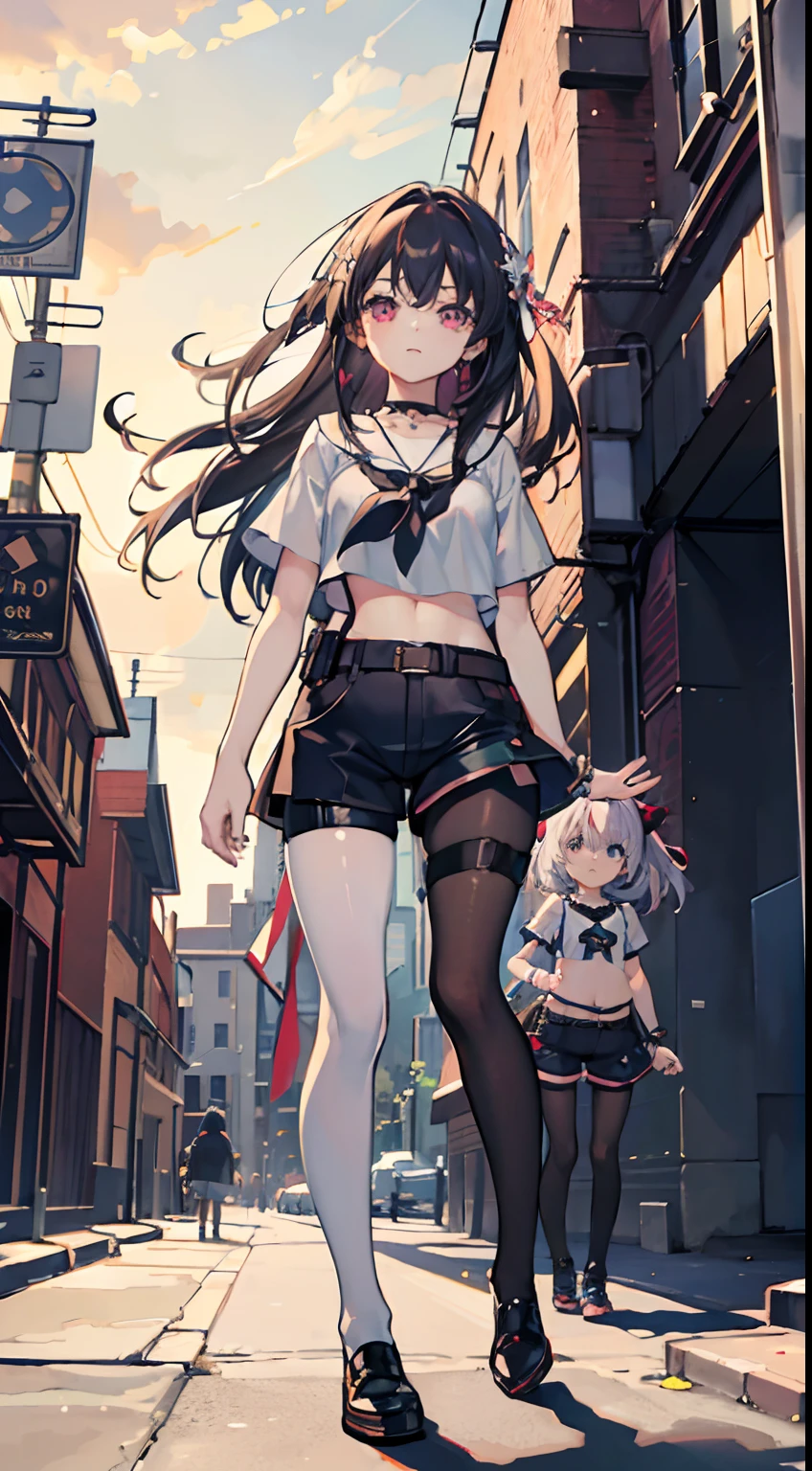 Masterpiece,Best quality,offcial art,Extremely detailed Cg Unity 8K wallpaper, 2girls, cute female child, Yuri, hair adornments, Short shorts, Crop top, Pantyhose, ribbon_choker necklace, leg belt,