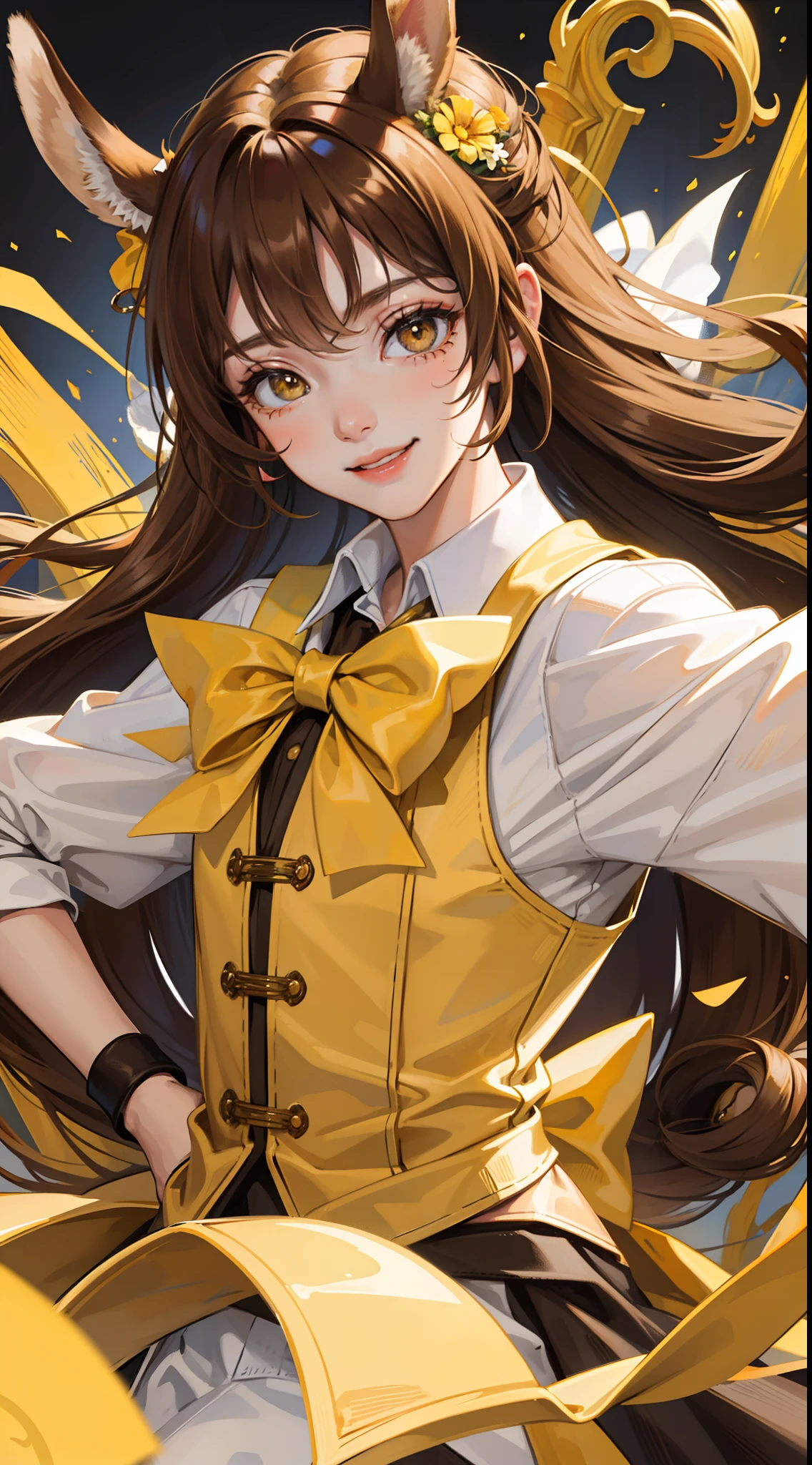 Young guy, Brown hair with blonde strands, Yellow eyes, brown rabbit ears, Smile, Bow and arrow, Masterpiece, hiquality