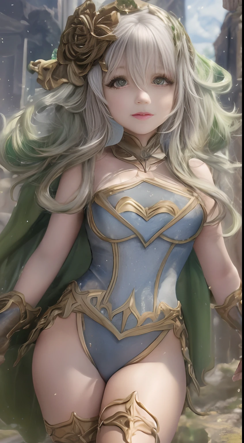 4k, realista, carismatic, muito detalhado, There's a girl in heaven, vestindo fantasia transparente de super garota, she's super girl, superhero theme, cabelo comprido branco, 25 anos, corpo inteiro, cabelo branco, cabelo verde, orelha de elfo
