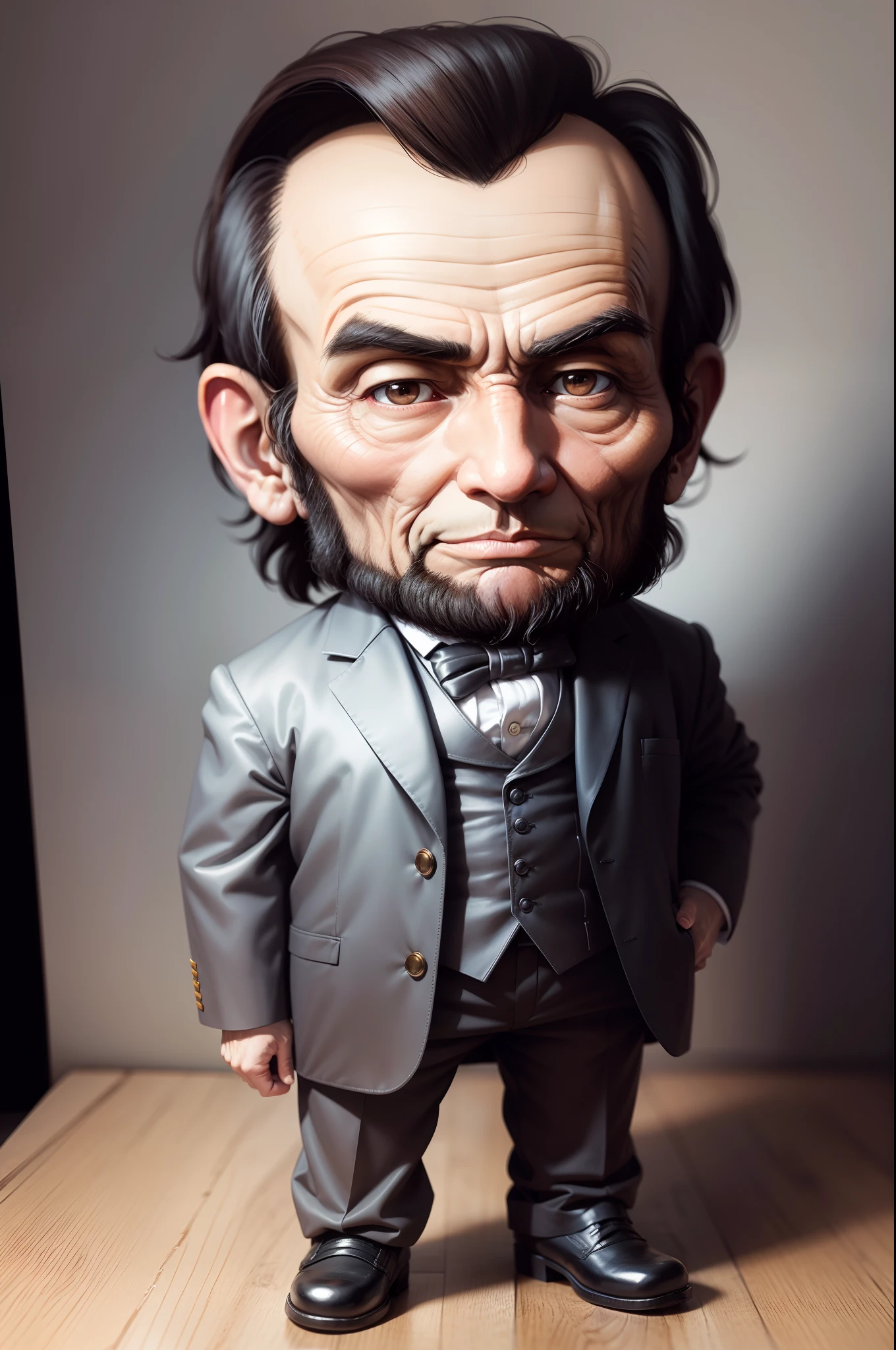 Chibi Abraham Lincoln, full body view, looking at viewers, facing viewers, eye contact with camera, looking at camera, perfect drawing, high quality, cinematic quality, clear details, high definition, high resolution, studio lighting, masterpiece, proportionate, well drawn