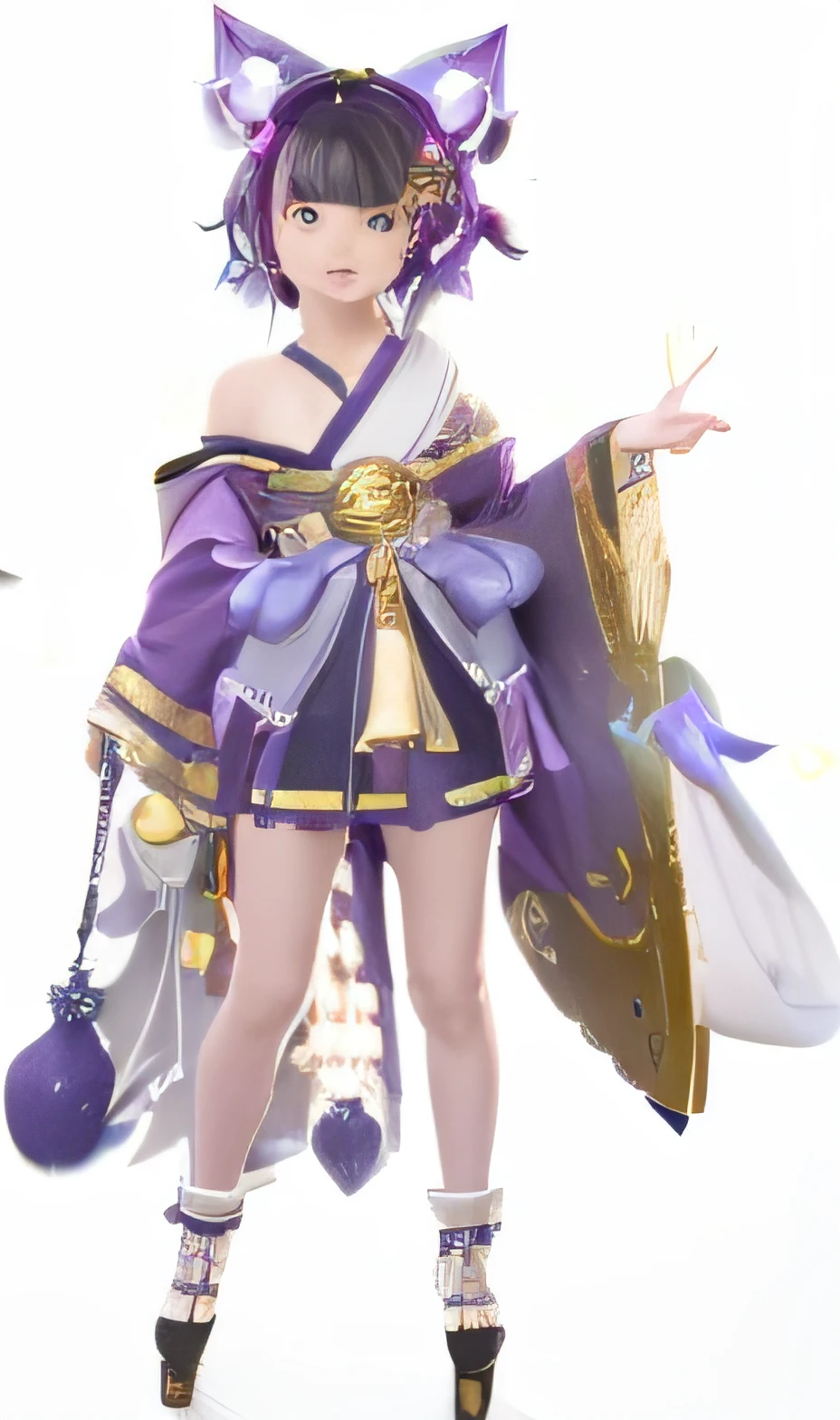 A woman dressed in purple holds a sword and a bag, Ayaka Genshin impact, ((wearing aristocrat robe)), flowing magical robe, cotton cloud mage robes, lunar themed attire, wearing star filled mage robes, Beautiful celestial mage, Keqing from Genshin Impact, render of a cute 3d anime girl, cloud mage robes, floating robes