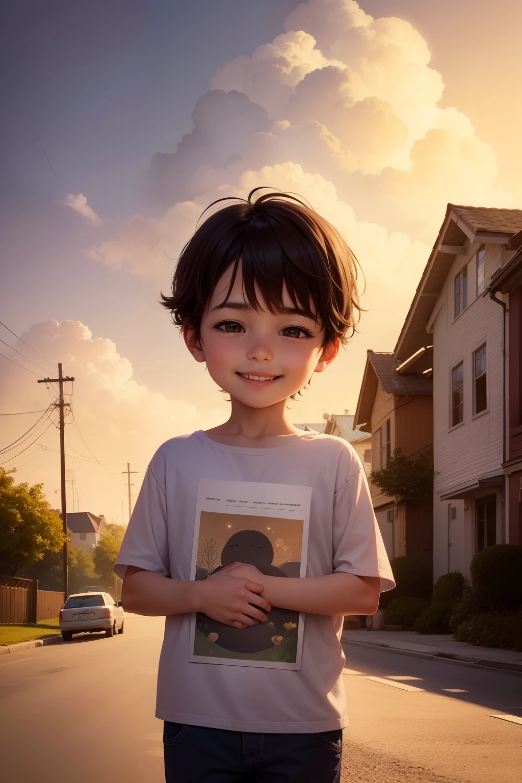 illustration,childrens book,A 5,the boy with a mysterious atmosphere is in front of the house with a smile on his face.