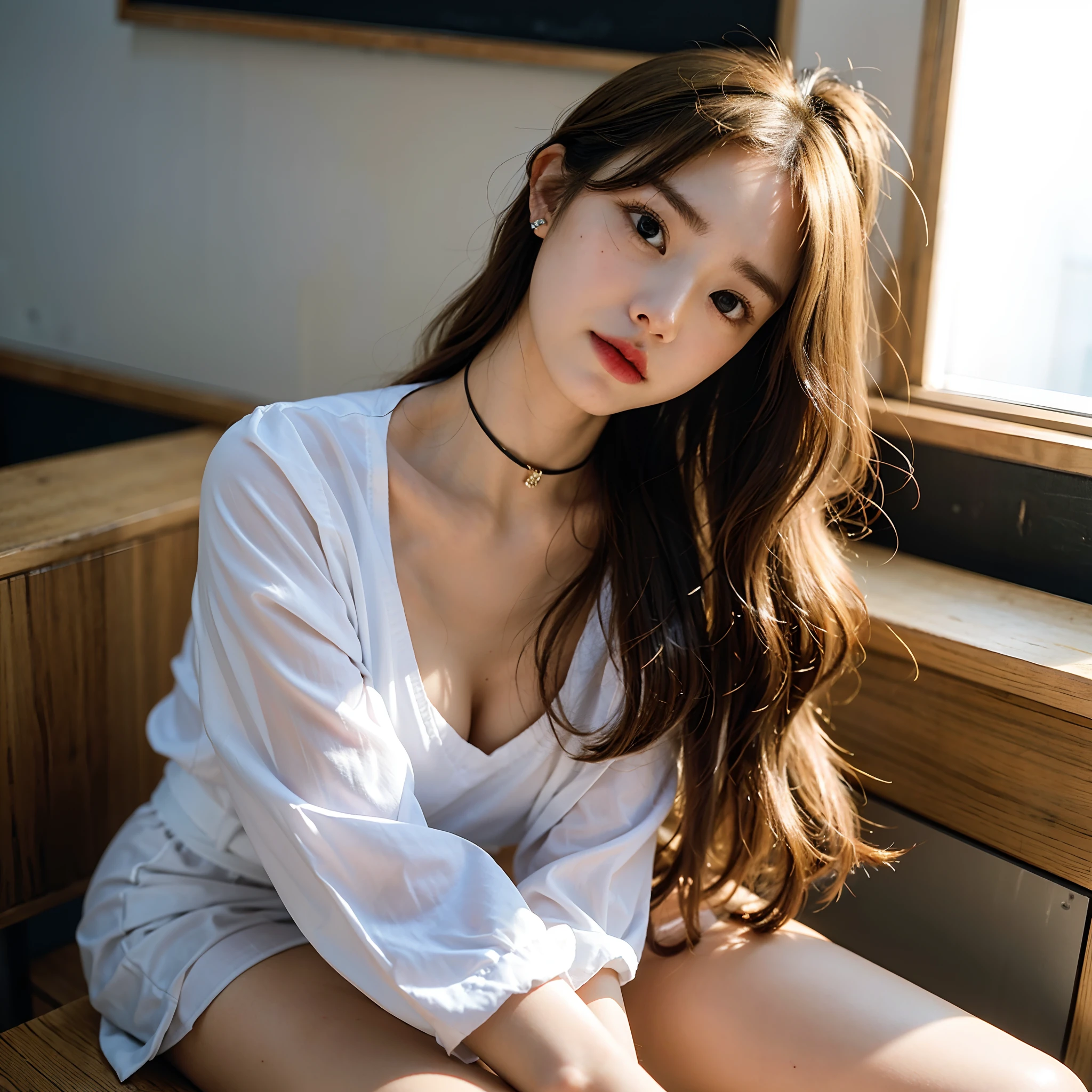8K RAW photos,A high resolution,very Bigger breasts,Very tight breasts,chest circumference,bossy pose,sulky look,Nice bright blonde hair,校服,ribbons,The shirt,a skirt,School Classroom,sittinng on the desk,beautiful thigh,beautiful girl at 16 years old,with a round face,a baby face,Very small lips,Beautiful face in every detail,long eyelasher,beautiful double eyelid, Three white eyes,duck mouth,bluntbangs,耳Nipple Ring,choker necklace,Expose cleavage