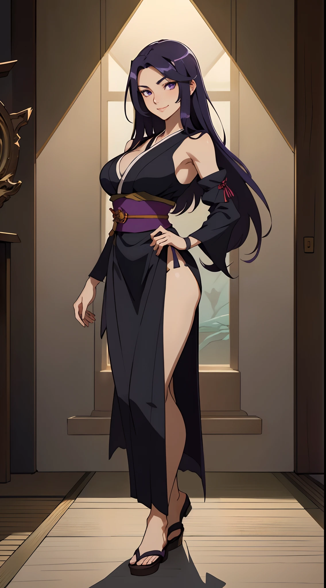 a woman wearing a red off-shoulder dress, long black hair, ahoge hair, a golden olive leaf in her hair, red eyes, red heels, big breasts, smiling, standing in a luxurious room, with large glass windows, and a wooden floor. Luxurious wood, frame with Japanese arts on the wall, HDR , ultra resolution, sharp, masterpiece, 8K HD (solo woman)