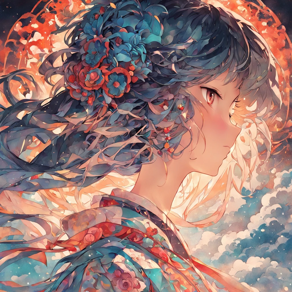 (White background:1.4),(Silhouette of a girl's head, Eyes closed, colorfull long hair, Oriental elements)，(Chinese illustration:1.3，paper art:1.3, Quilted paper art:1.2),( reasonable design, Clear lines, High sharpness,Best quality, Very detailed, Masterpiece, movie light effect, 4K )