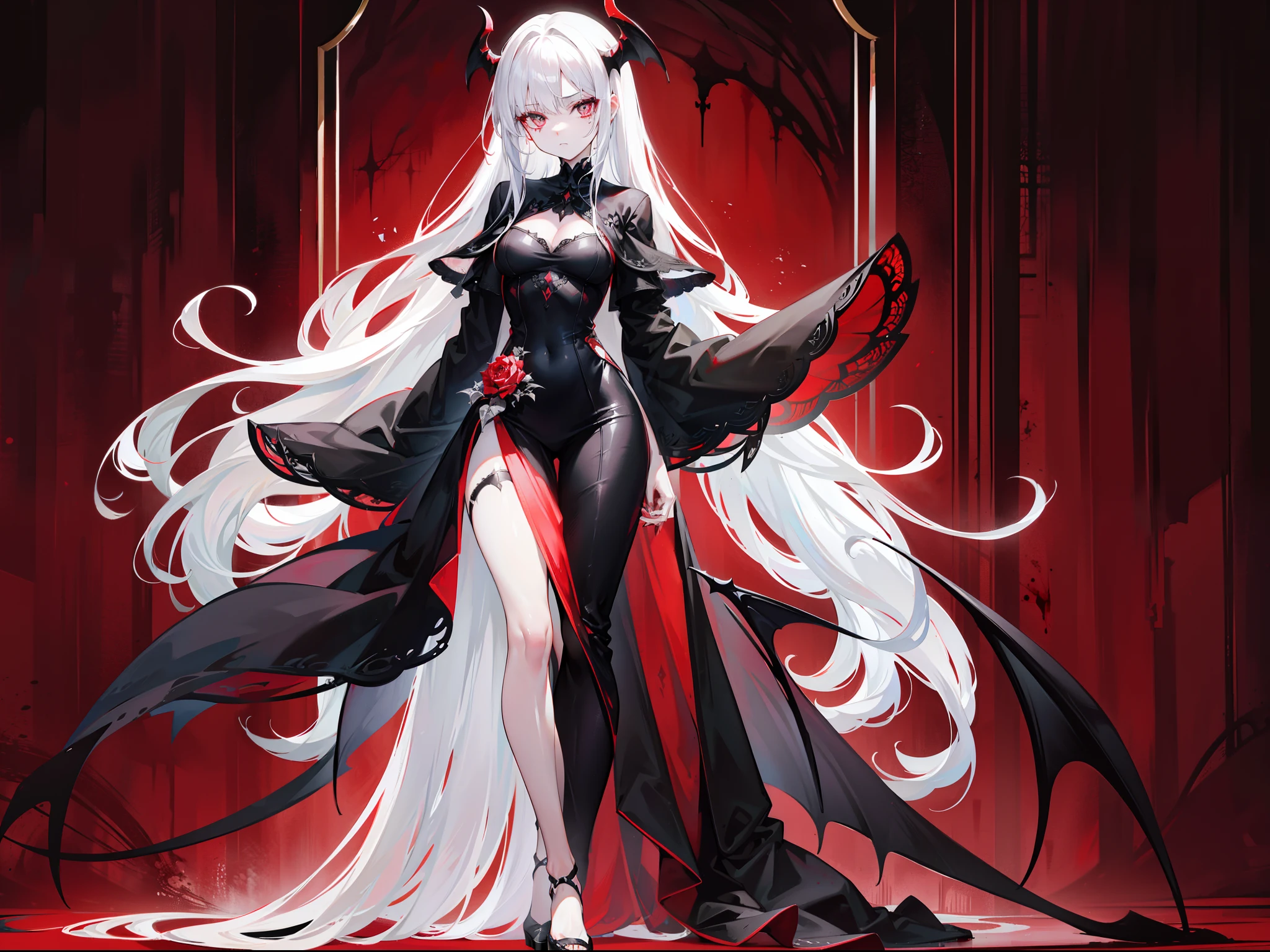 Beautiful girl with white hair，with hair dishevelled，long whitr hair，The ends of the hair gradually turn black，Extremely tall，Thin，Wearing a long black dress，black lence stockings，Extremely high black heels，The expression is grim，抖S，Sick，White pupils，Be covered in blood，Stand in the background of Gothic architecture covered with corpses，Perverted murderer，The demons，Extremely thin and tall，The legs are very thin，There is an extremely large pair of black wings behind him，terroral，The legs are very long，The body is extremely thin，There are red blood stains under the eyes，The body was covered in blood，Blood-red eyelashes，The demons，devils，Royal sister，White pupils