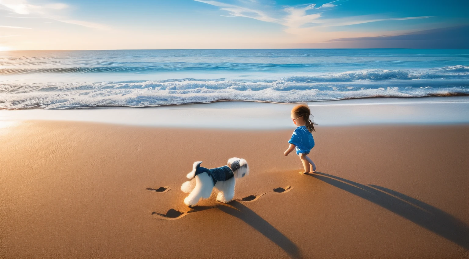 Little girl and schnauzer playing on the beach，footprints，blue-sky，baiyun，sea shell，swell sea，（Very detailed CG unity 8K wallpaper）（best qualtiy），（Most Best Illustration），（Best shadow）（best shadow）