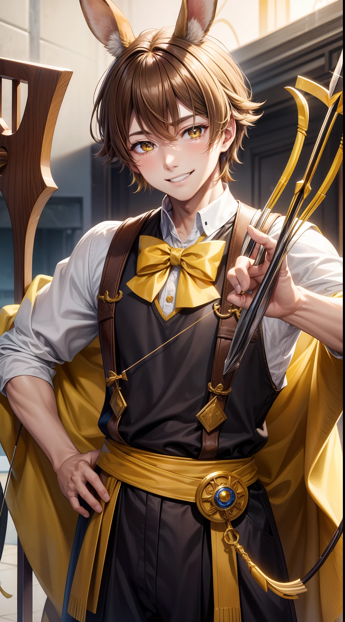Young guy, Brown hair with blonde strands, Yellow eyes, brown rabbit ears, Smile, Bow and arrow, Masterpiece, hiquality