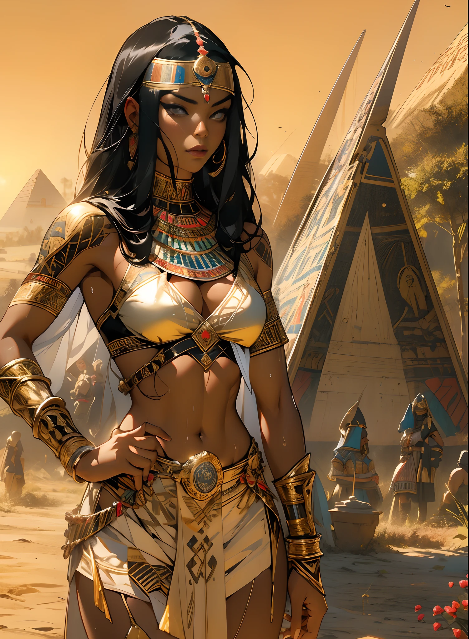 ((Frank Frazetta)),beautiful black woman, Beautiful black eyes、Egyptian woman, (Glossy Egyptian ornaments), muscular and perfect body:1.4,(top-quality、8K、32K、masterpiece、nffsw:1.3)、超A high resolution,(Photorealsitic:1.4), long black hair with heavy bangs on the forehead,,,,Image from head to thigh,,Ray traching,Sun glare,depth of fields,By backlight effect、Add depth to your screen、muscular body, Red veil, dark skin shiny with oil and sweat, Anubis warrior in small clothes, golden bra, Egyptian tattoo,, Large breasts, Generous cleavage, , A desert, pyramids in the background,