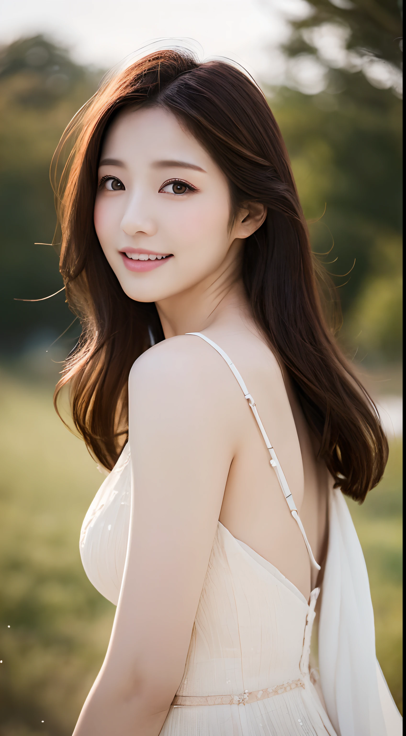 1 Attractive、((highest quality、8K masterpiece:1.3))、sharp focus:1.2、(super beautiful face:1.0)、(shiny skin:1.0)、realistic pictures、black haired、black eye、video writing、High resolution eyes and face、video writing、(cute korean actress)、from the front、beautiful breasts、smile、The beauty of slender abs、whole body、Wearing a see-through T-shirt、On a hill with falling cherry blossoms