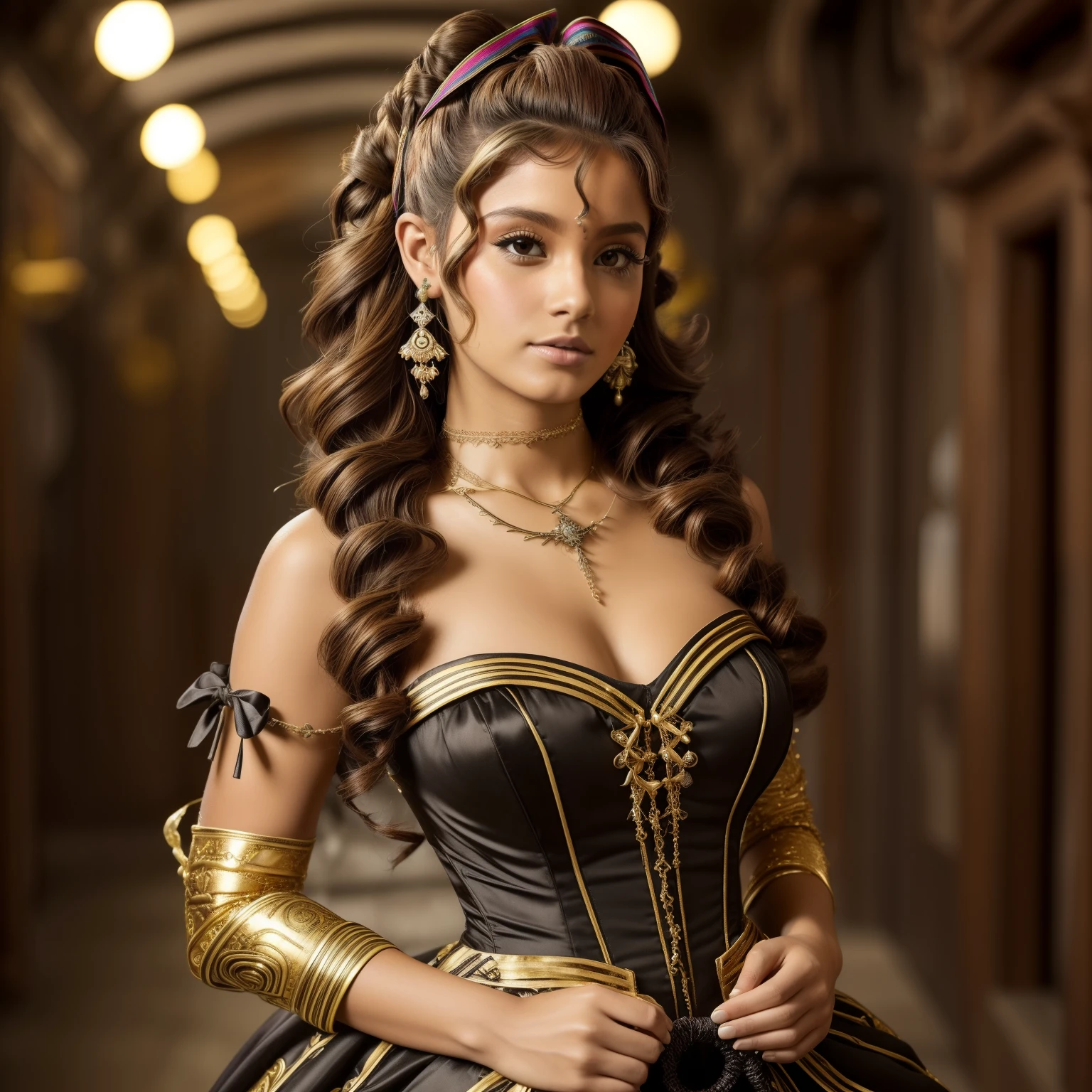 ((Fundo Cyberpunk:1.1) Arte de John Tenniel, frustrada Ariana Grande, cabelos azuis claros, Cachos, vestindo um imponente e elaborado vestido de baile trixie de cetim preto e amarelo adornado com cetim grande, futuristic salon dress, cybernetic enhancements , (((huge ribbon loops))), Rosebuds, Bordados e joias, (seios gigantescos:1.3) com (((enormes mangas inchadas))), uma cintura ampulheta, e um (((volumosa saia de argola crinolina))), (((Bustle))),   luvas pretas longas, adorned with intricate metallic details, necklace and earrings of pearls and diamonds, cabelos grandes e elaboradamente enrolados e penteados