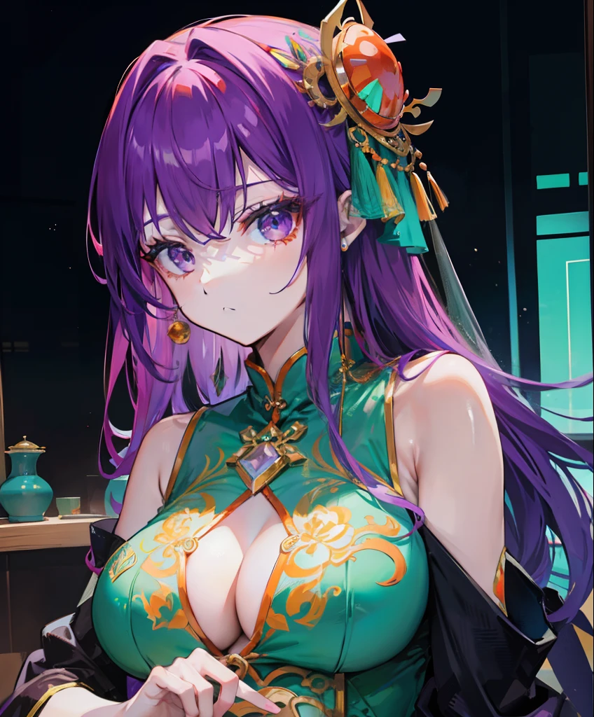 Orange-purple hair,Wear a transparent emerald cheongsam,The head is decorated with turquoise gold,She is a queen-type girl